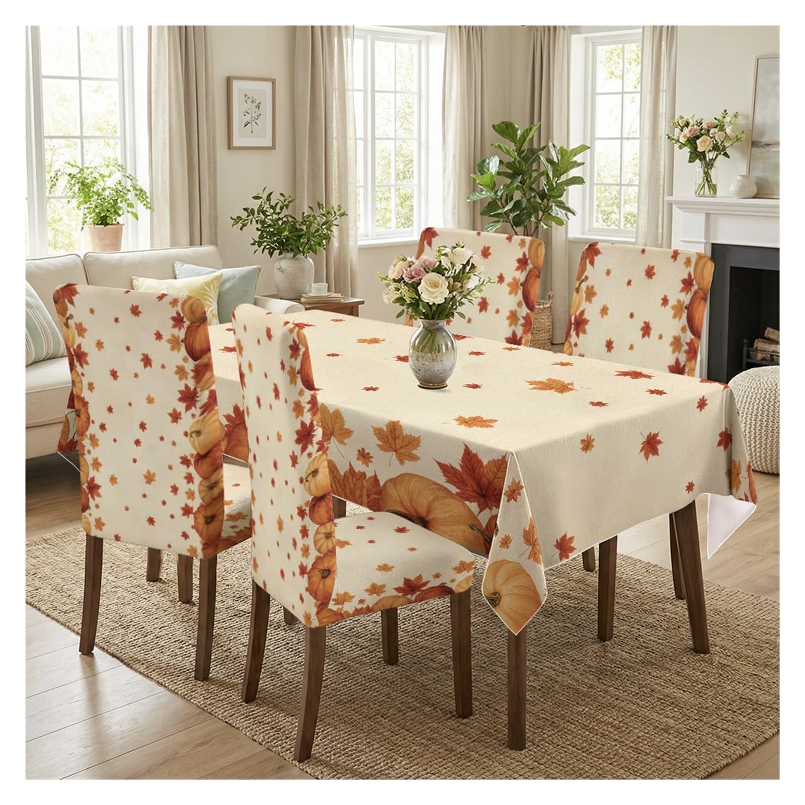 KXUAUV Beige Autumn Pumpkin Maple Leaf Print Stretch Dining Chair Covers Tablecloth Set, For Kitchen Dining Living Room Thanksgiving Decor, 5/7 Pack Party Decor(5pcs Set: Tablecloth+Chair Covers)