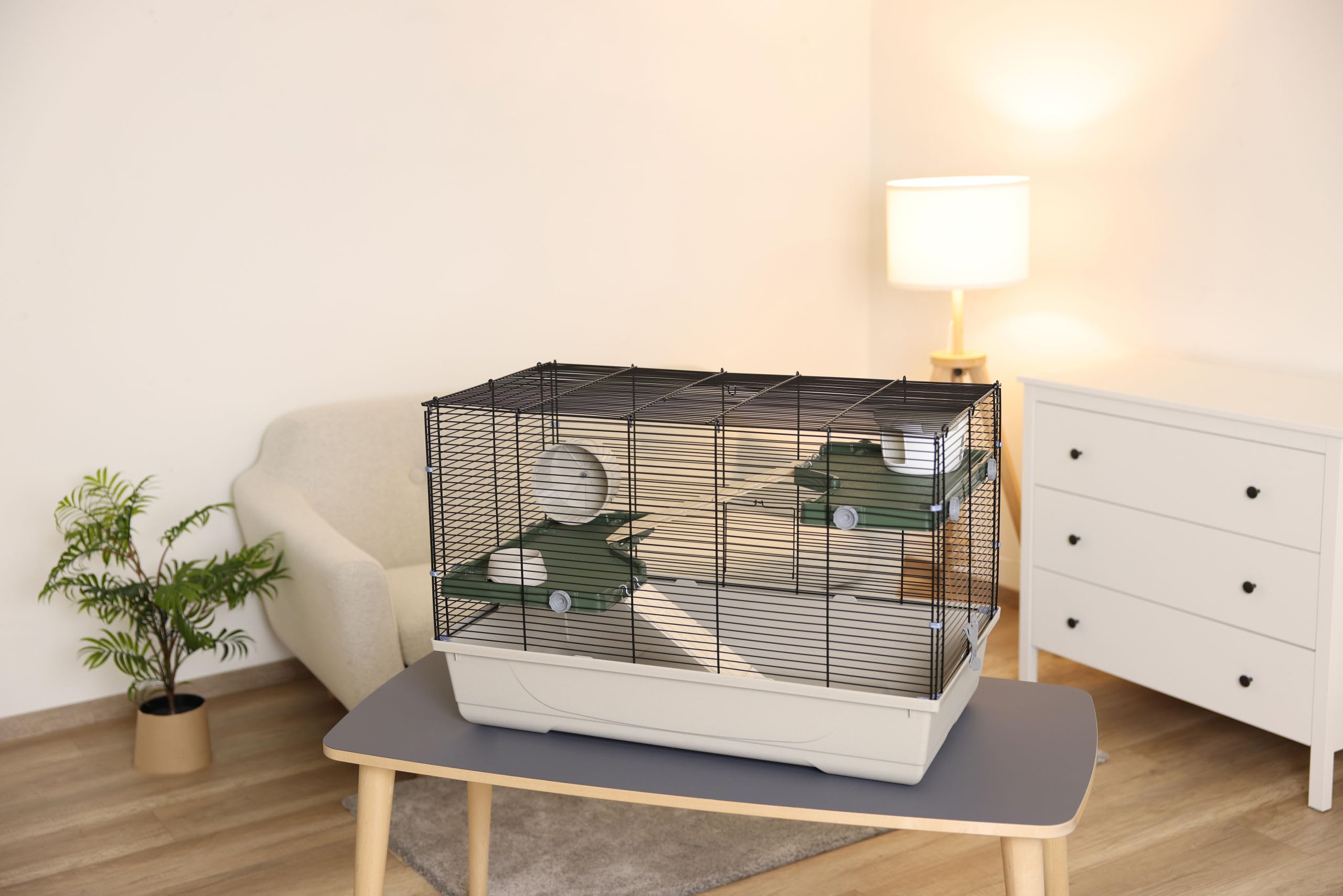 Kerbl Pet Kleintierkäfig Flat Nature, Hamsterkäfig, Taupe, dunkelgrün, schwarz, 80x45x51cm, Kunststoff, Hamster, Mäuse, Ratten, mit Häuschen, Futternapf