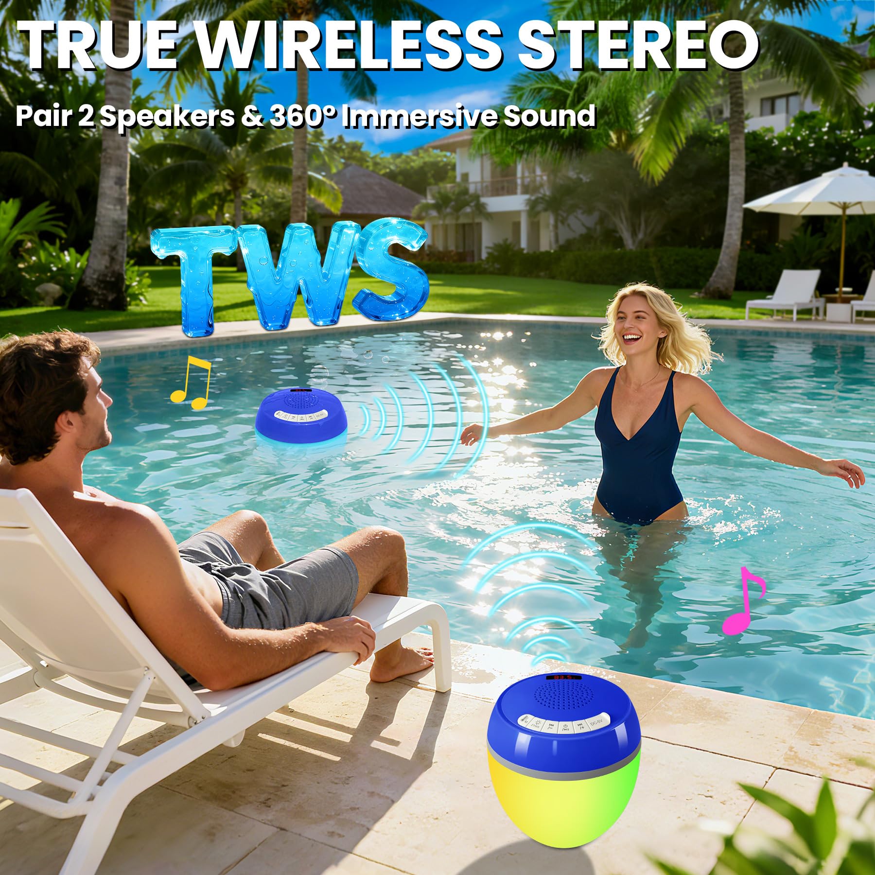 LanAqua Altoparlante Bluetooth per piscina con termometro galleggiante, facile lettura, altoparlanti galleggianti per piscina con spettacolo di luci, altoparlante impermeabile IP68 per piscine per