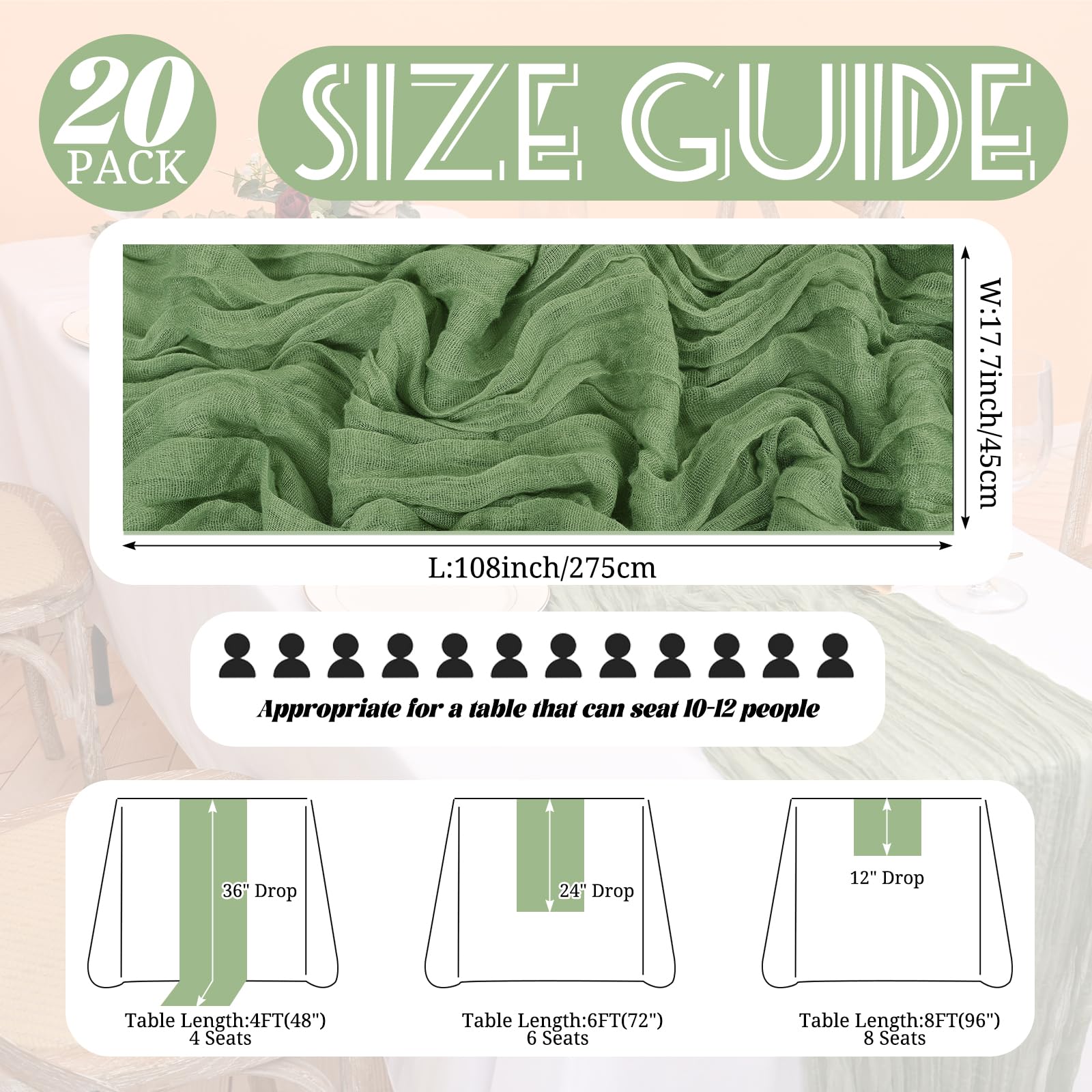 Confezione da 20 runner da tavola in garza verde salvia, 45 x 275 cm, verde salvia, stile bohémien, rustico, in garza, per formaggi, romantici, in tessuto trasparente, per matrimoni, feste, giardino