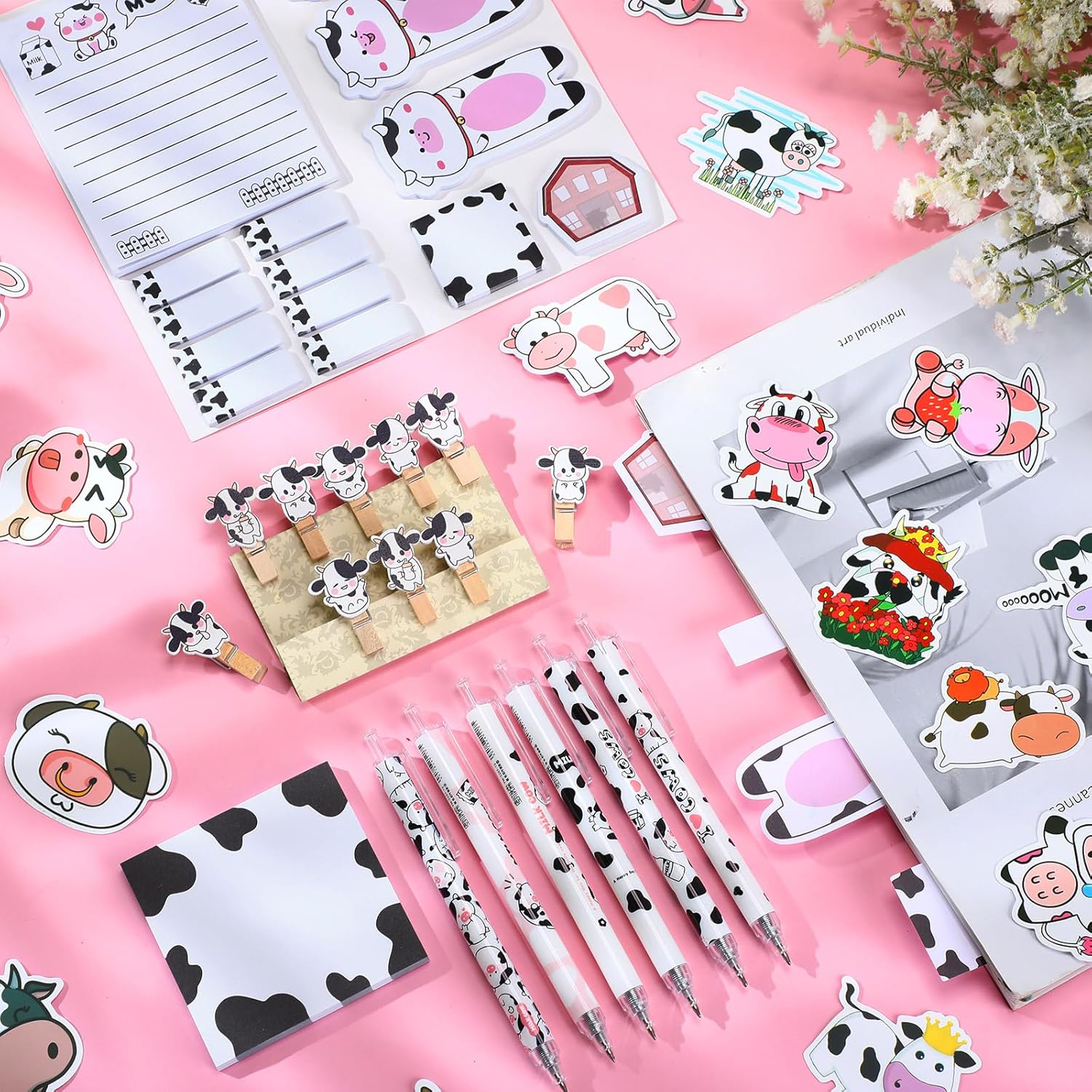 Crtin 69 Pcs Cute Sticky Notes Set,Cartoon Pen, Stickers, Paperclip, Sticky Memos Office & Party Favors(Cow) image 6 of 7 B0D31N97M3