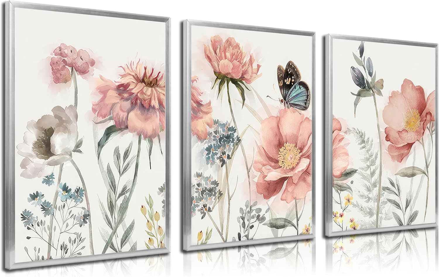 3pcs Pink Peony Floral Canvas Wall Art Butterfly Blossom Posters Prints Watercolor Bouquet Wall Decor Pictures For Living Room Classroom Bedroom Decoration Unframed Butterfly Flowers 16x24in-posters
