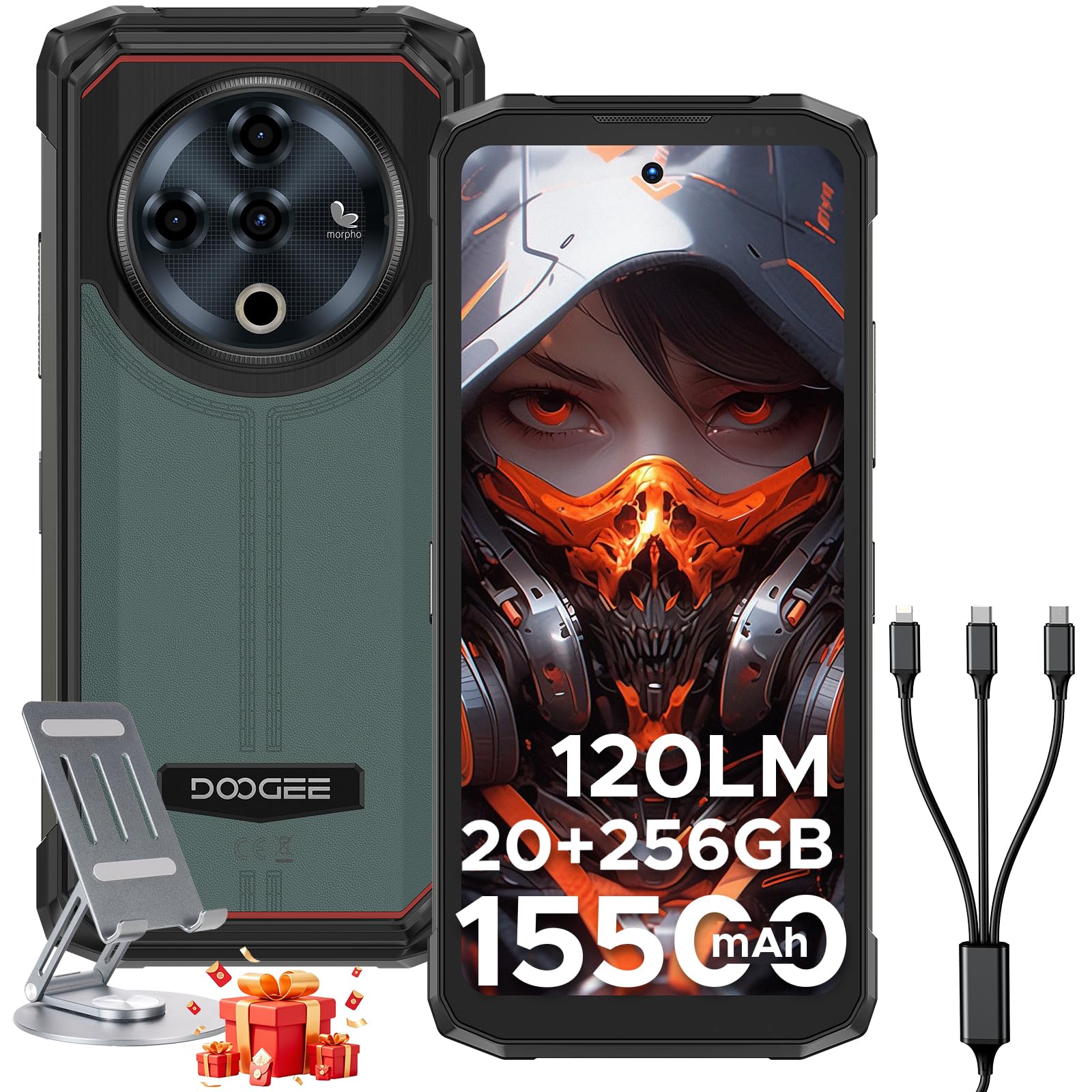 DOOGEE Fire 6 Power(2025) Rugged Smartphone,15500mAh/33W Fast,120LM Flashlight Rugged Phone, 256GB/TF 2TB,50MP,Android 14 Unlocked Phone with 3-in-1 Reverse Charging,6.56" HD+90Hz Phones,NFC/OTG