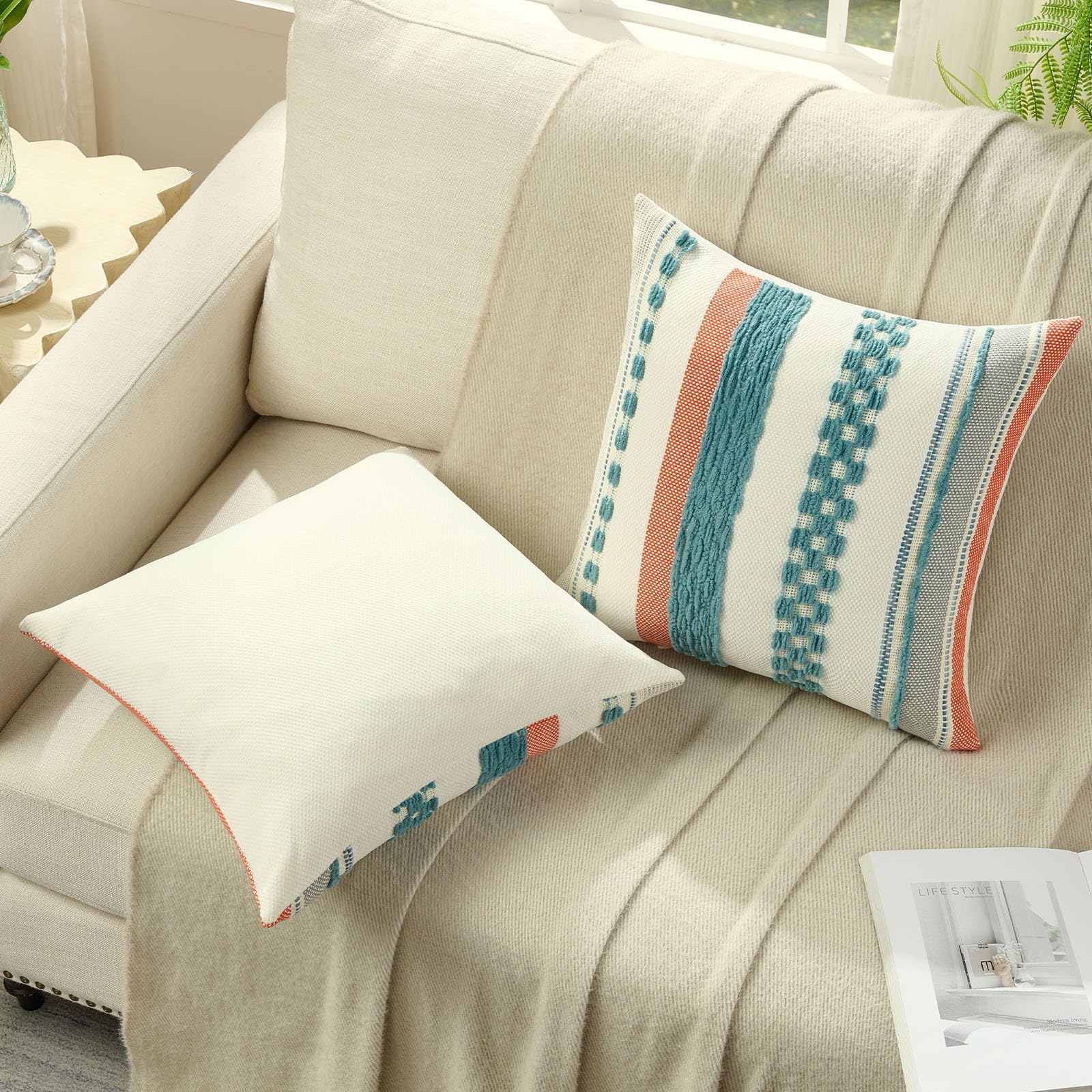 FUTEI Set di 2 federe decorative per cuscini, 45 x 45 cm, morbide, trapuntate, a righe, in stile bohémien, decorazione per la casa, divano, letto, camera da letto, soggiorno
