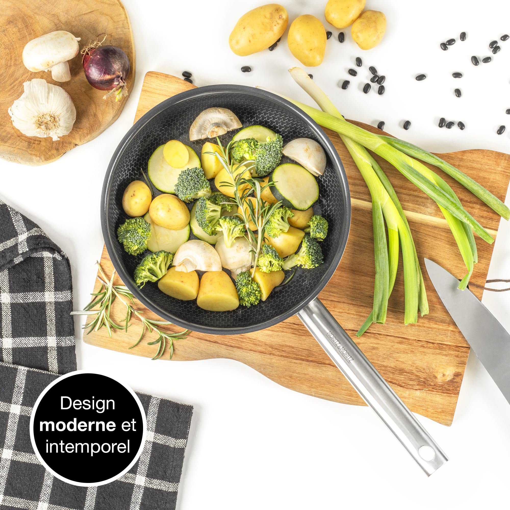Moritz & Moritz Poele 24 cm Induction Structure Alvéolaire avec Revêtement Céramique - A tous les types de Cuisinières - Poele anti adhesive Induction pour Cuisiner, Rôtir et Mijoter