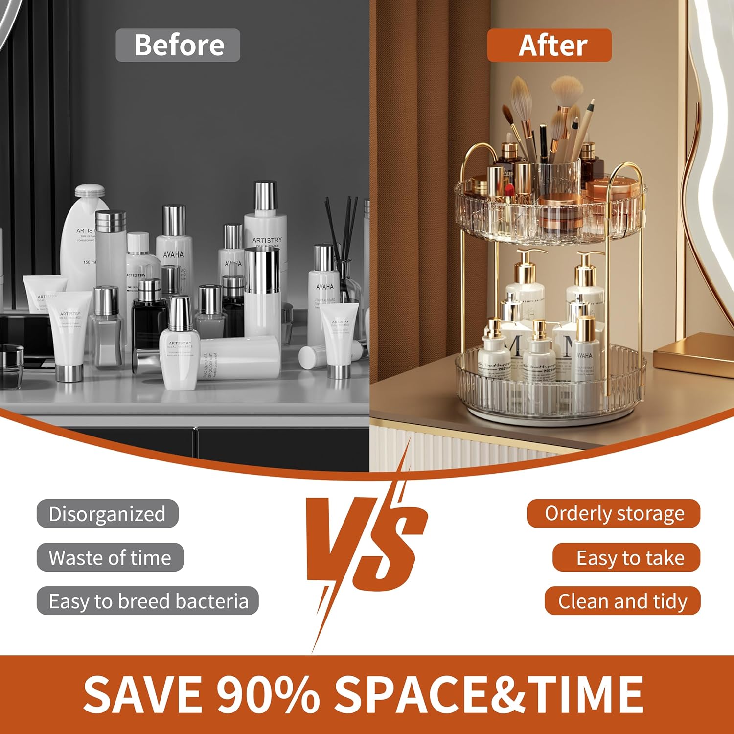 YCIA&DONE Rotating Makeup Organizer for Vanity, Large Capacity Make Up Storage Skin care Shelf Perfume Holders Cosmetic Dresser Organizer Countertop Spinning 360 (White Clear, 3Tiers) - Image 6