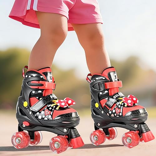 Miniatura 7 de SULIFEEL Patines de ruedas para niñas con lunares y lazo, ruedas iluminadas, 4 tamaños ajustables para niños pequeños, patines principiantes