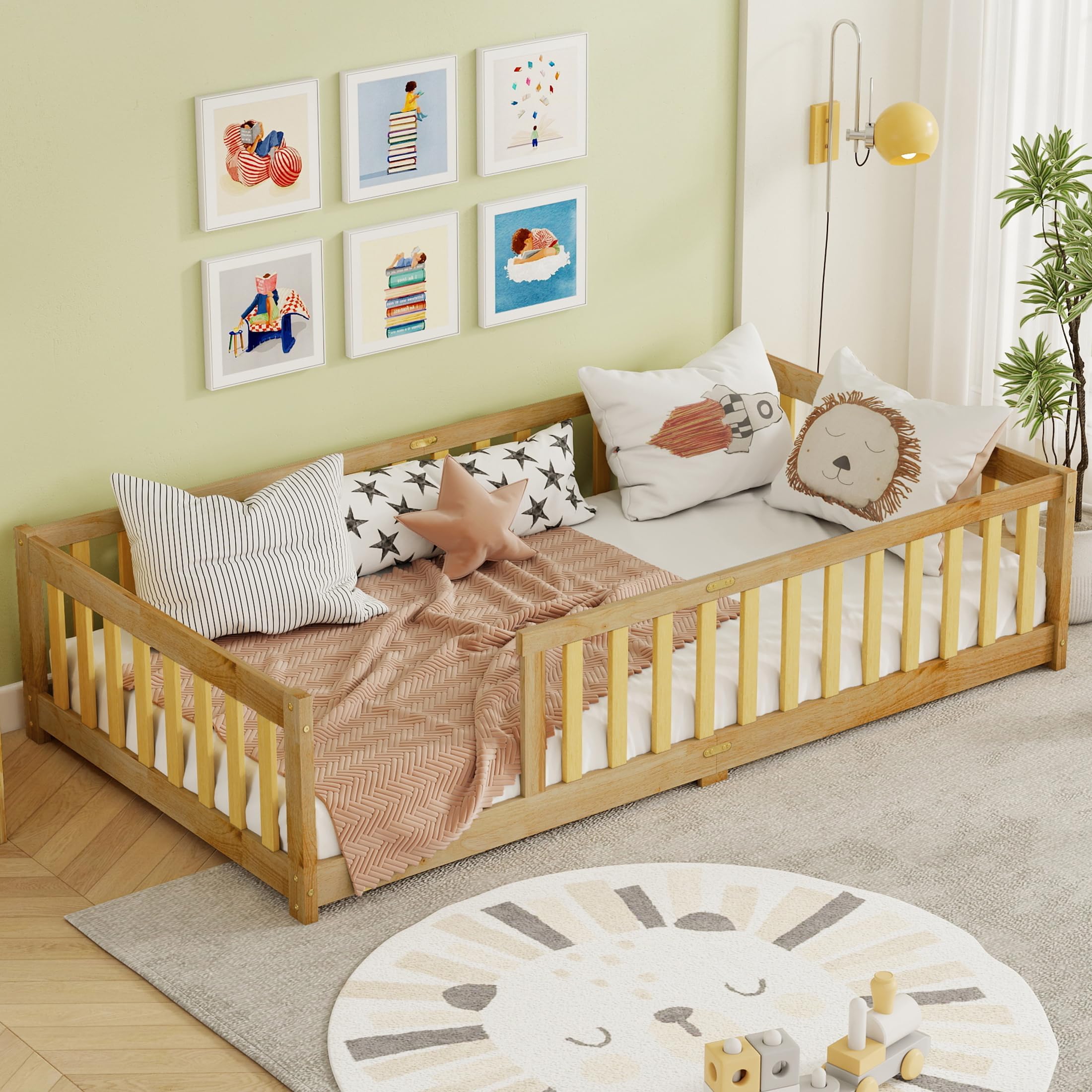 Bellemave Twin Size Floor Bed with slats for Kids, Girls, Boys, Wood Montessori Floor Bed with Guard Rails, Without Door, Natural