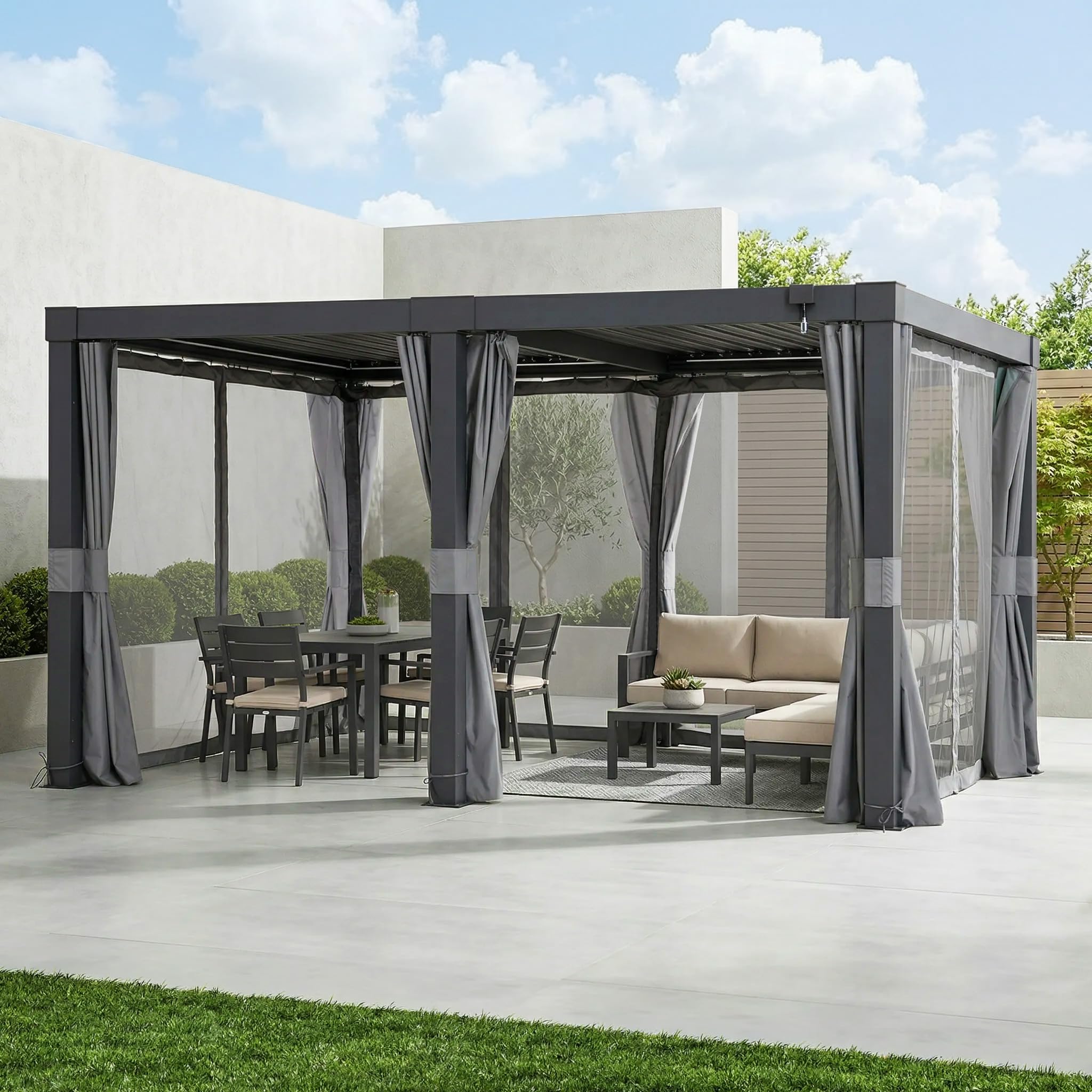 SUNJOY Pergola Ogrodowa 3x4m z zasłonami i siatką przeciwkomarową, Aluminiowa Altana Lamelowa Całoroczna, Ruchomy Dach z Regulacją Kąta, Solidny Pawilon Tarasowy, Antracyt
