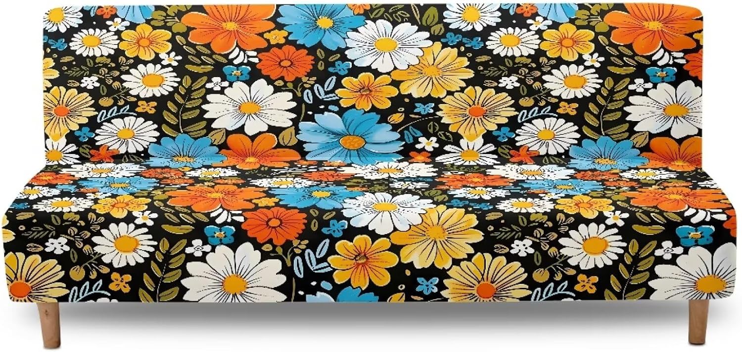 Merkmak Soft Futon Seat Cushion Cover Non-Slip Stretch Couch Cushion Cover Indoor Boho Hippie Flower Sofa Bed Slipcover for Living Room Bedroom Hotel Furniture Protector