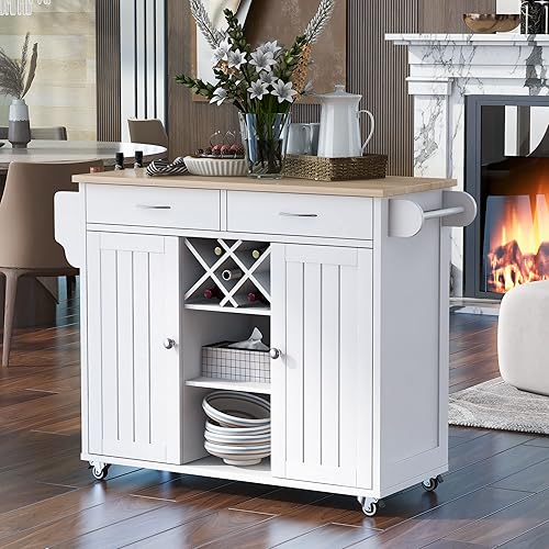 Miniatura 2 de Yoluckea Carrito de isla de cocina, moderno carrito móvil de isla de cocina con 2 armarios de almacenamiento y 4 ruedas de bloqueo, estante de vino,