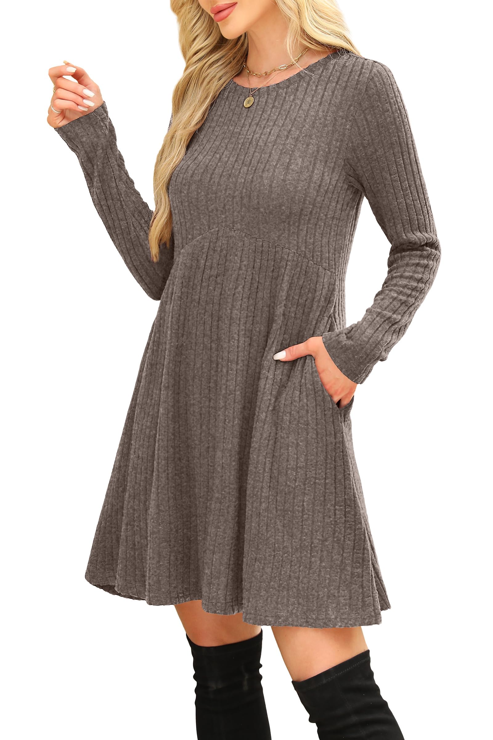 OFEEFAN Long Sleeve Dress for Women Crew Neck Empire Waist Tunic Dress with Pockets: Coffee XX-Large