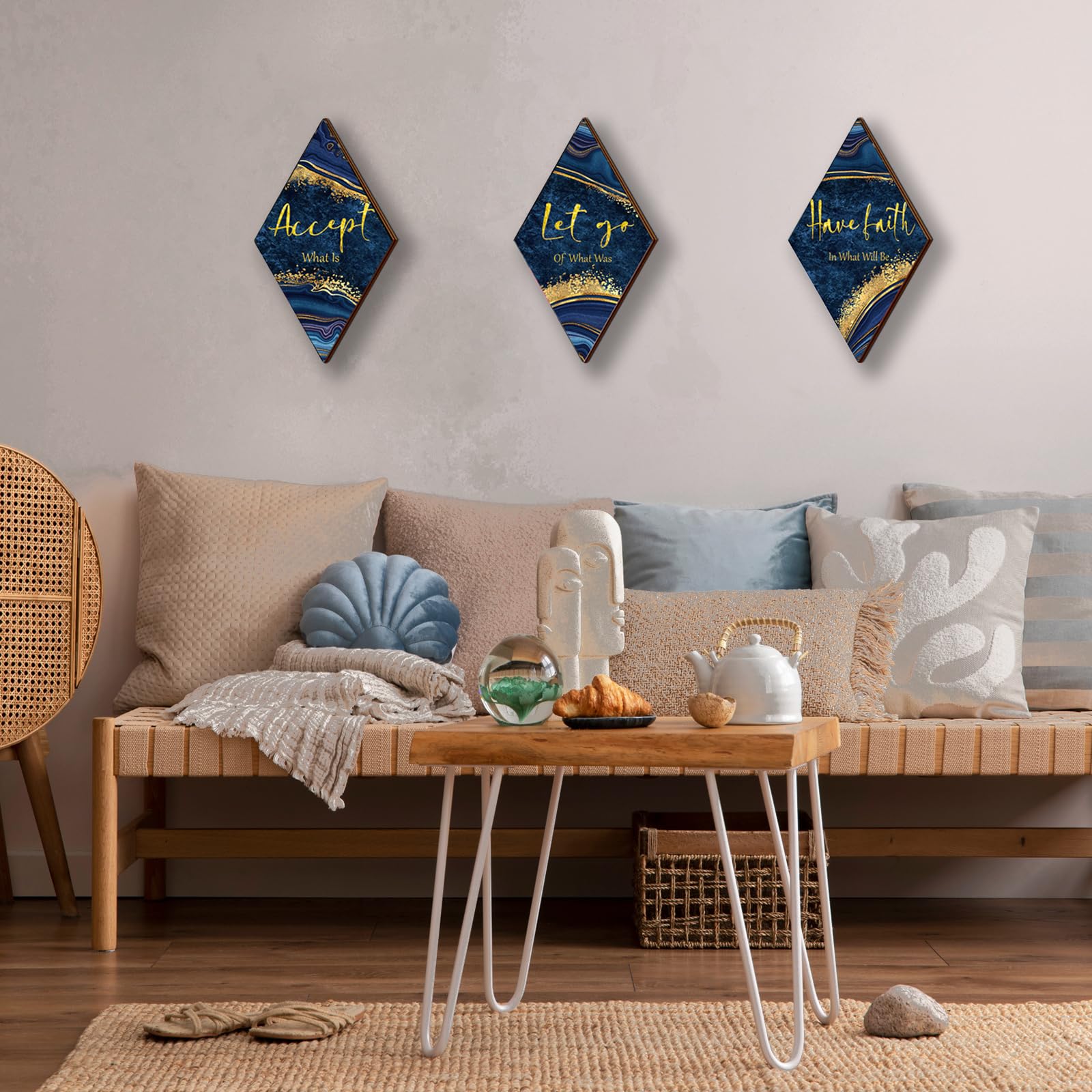 3 piezas de decoración de baño azul y dorado, decoración de pared dorada con cita de Accept Let Go Have Faith rústica vintage para mujer, hogar, lavandería, sala de estar, dormitorio (12 x 7) 4