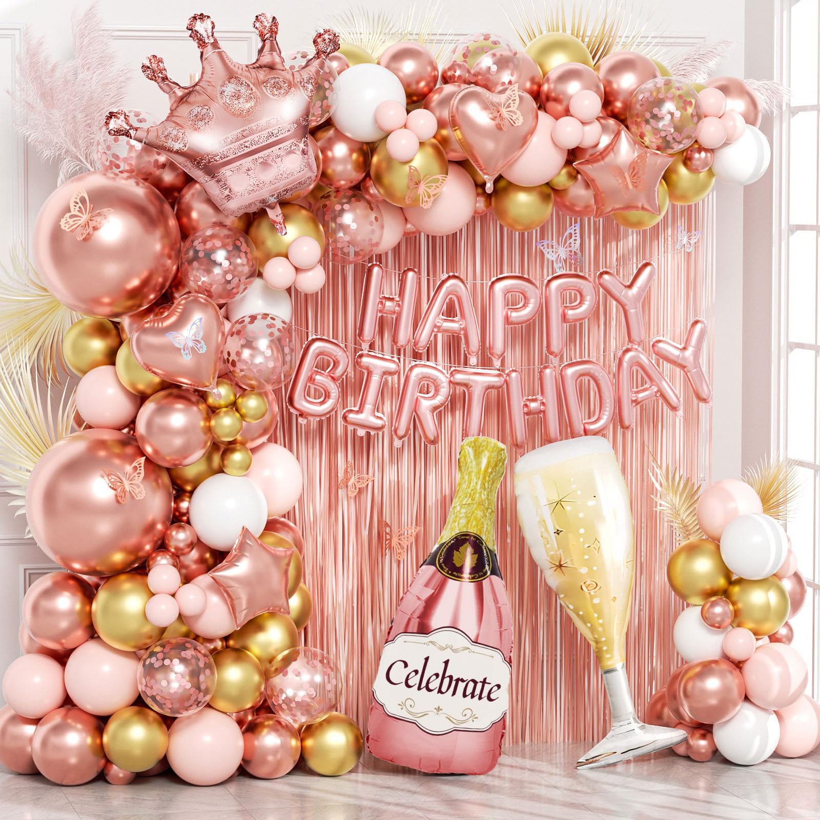 Rose Gold Birthday Decorations for Women, Happy Birthday Decorations with Fringe Curtains, Butterfly Decorations,Rose Gold Balloon Arch Kit for 16th 21st 25 30 40 50th Birthday Decor