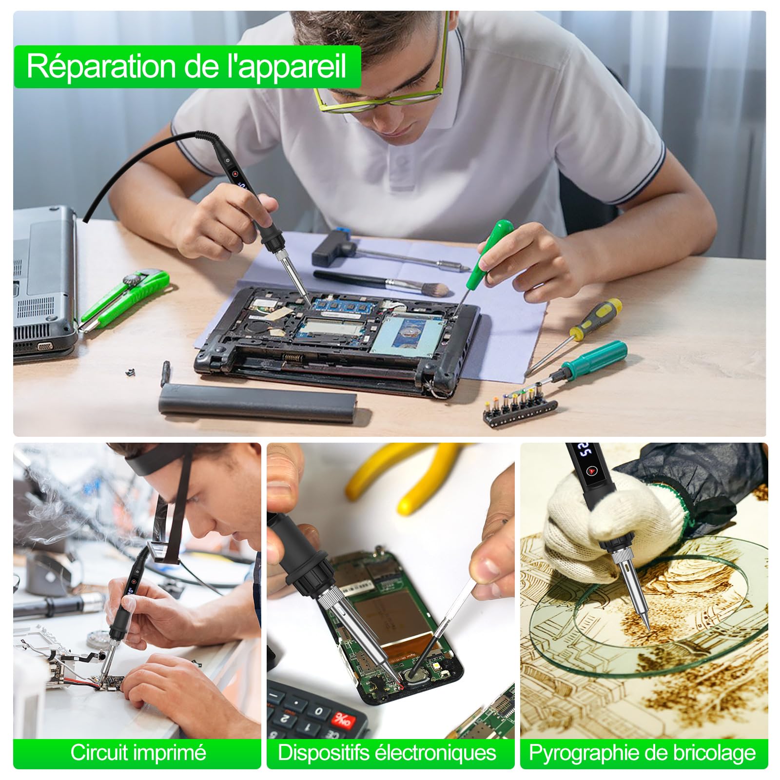 Fer à Souder Kit 80W LED Température Réglable 180-520°C Electronique de Precision avec Interrupteur ON/OFF, 5 Conseils de soudage, Pompe à Dessouder, Fil de Soudure, Station de Soudage, Pincettes