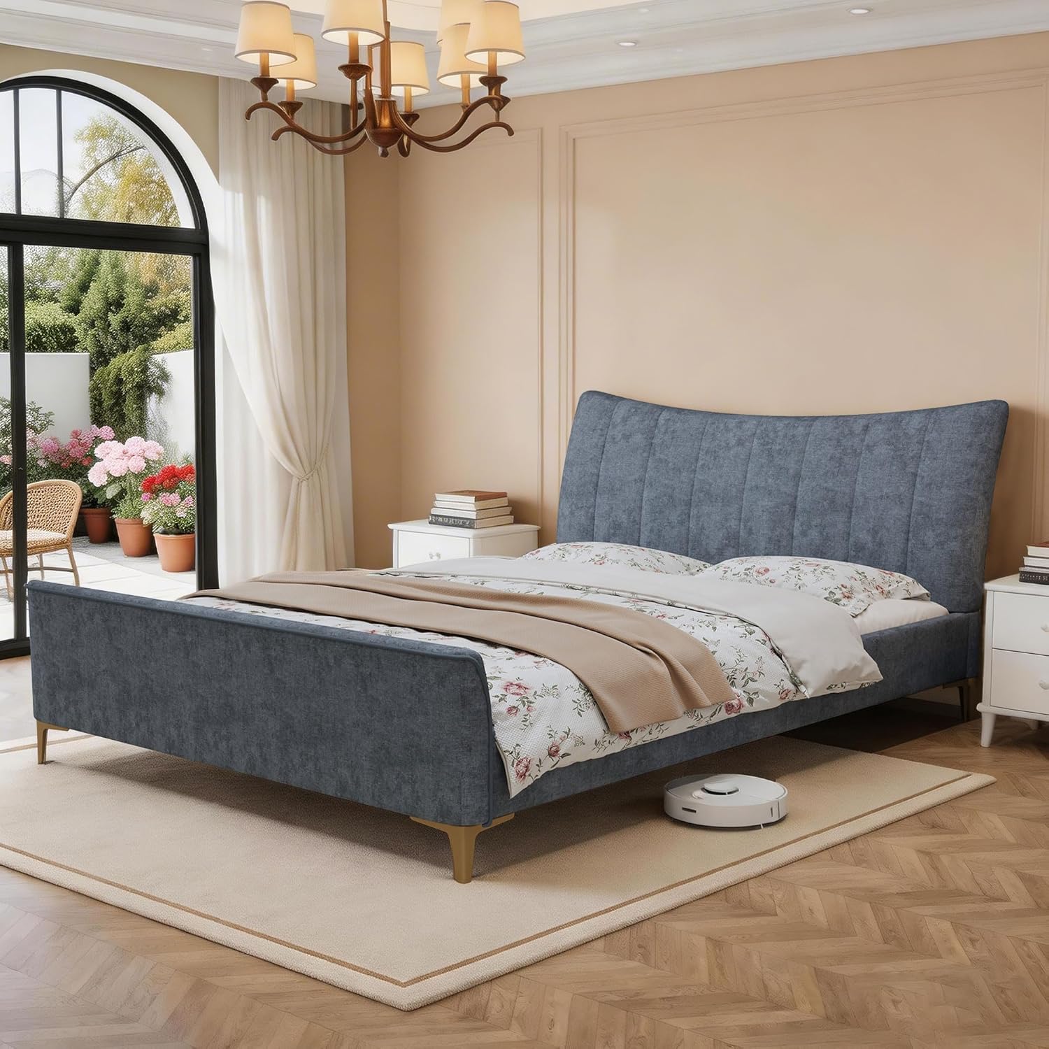 Queen Size Luxury Chenille Upholstered Sleigh Bed Frame, Curved Ergonomic Headboard Platform Bed with Gold Metal Legs and Footboard, No Box Spring Needed, Noise Free, Dark Gray