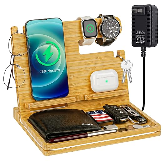 Funistree Gifts for Men Dad Christmas from Daughter Son, Ash Wood Phone Docking Station, Anniversary Xmas Birthday Gifts for Him Husband Boyfriend from Wife, Nightstand Organizer Presents Ideas