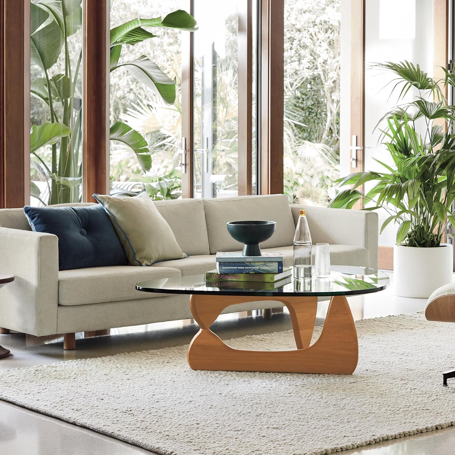 Triangle Glass Coffee Table Vintage Glass End Table, Solid Wood Base and Triangle Clear Glass Top Modern End Table for Living Room, Patio, Study (Light Walnut)