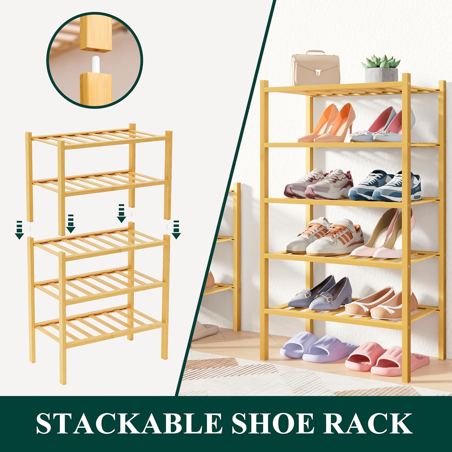 Smiry Bamboo Shoe Rack for Closet, 3 Tier Long Wooden Stackable Shoe Organizer, Free Standing Shoes Storage Shelf for Entryway, Front Door Entrance, Natural