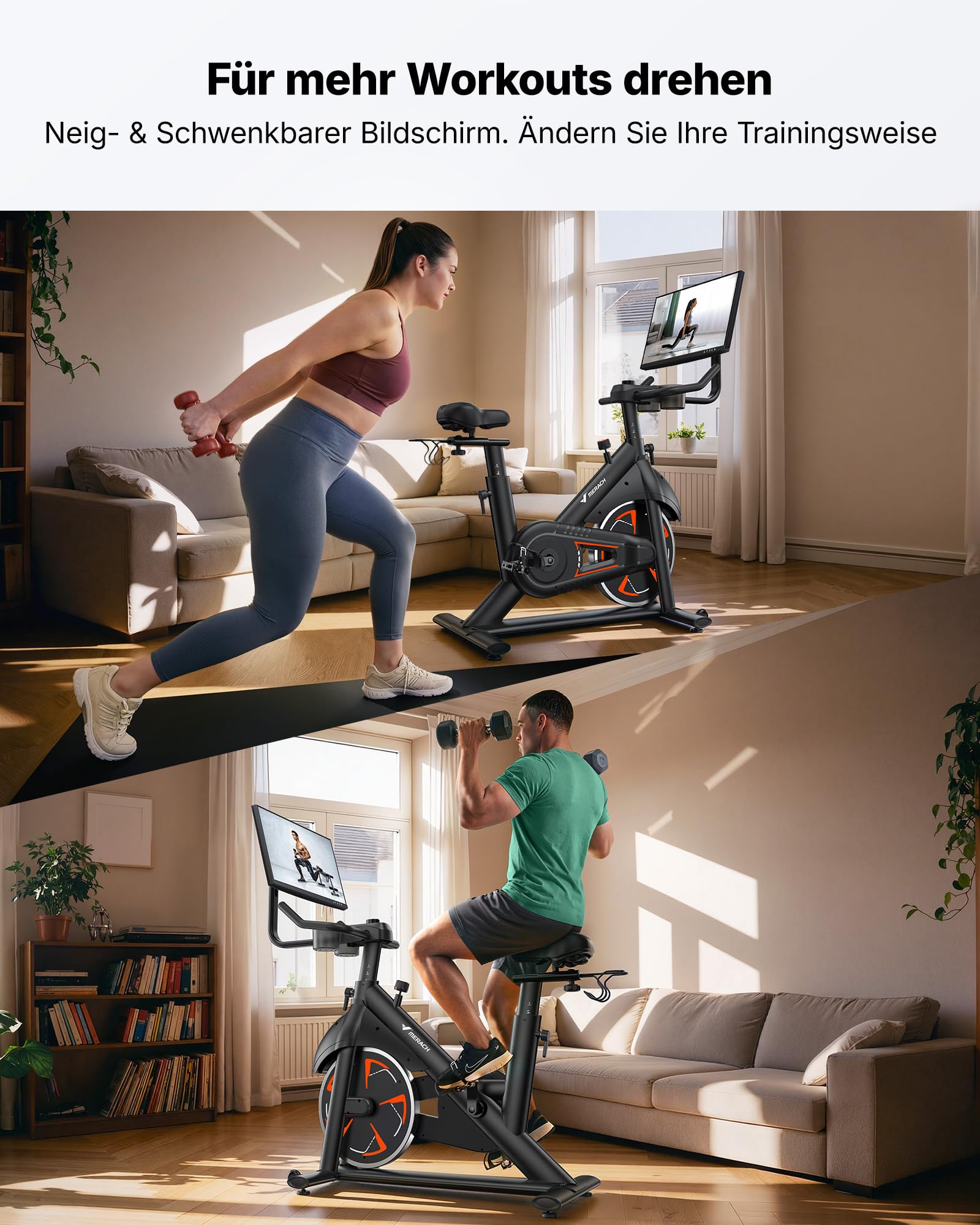 MERACH Heimtrainer Fahrrad mit 21,5" Drehbarem FHD-Bildschirm, Leises Hometrainer Fahrrad mit Automatischer Widerstand, Verstärkter H-Rahmen, Stoßdämpfender Luftkissensattel, Eigene App, Bis 150KG