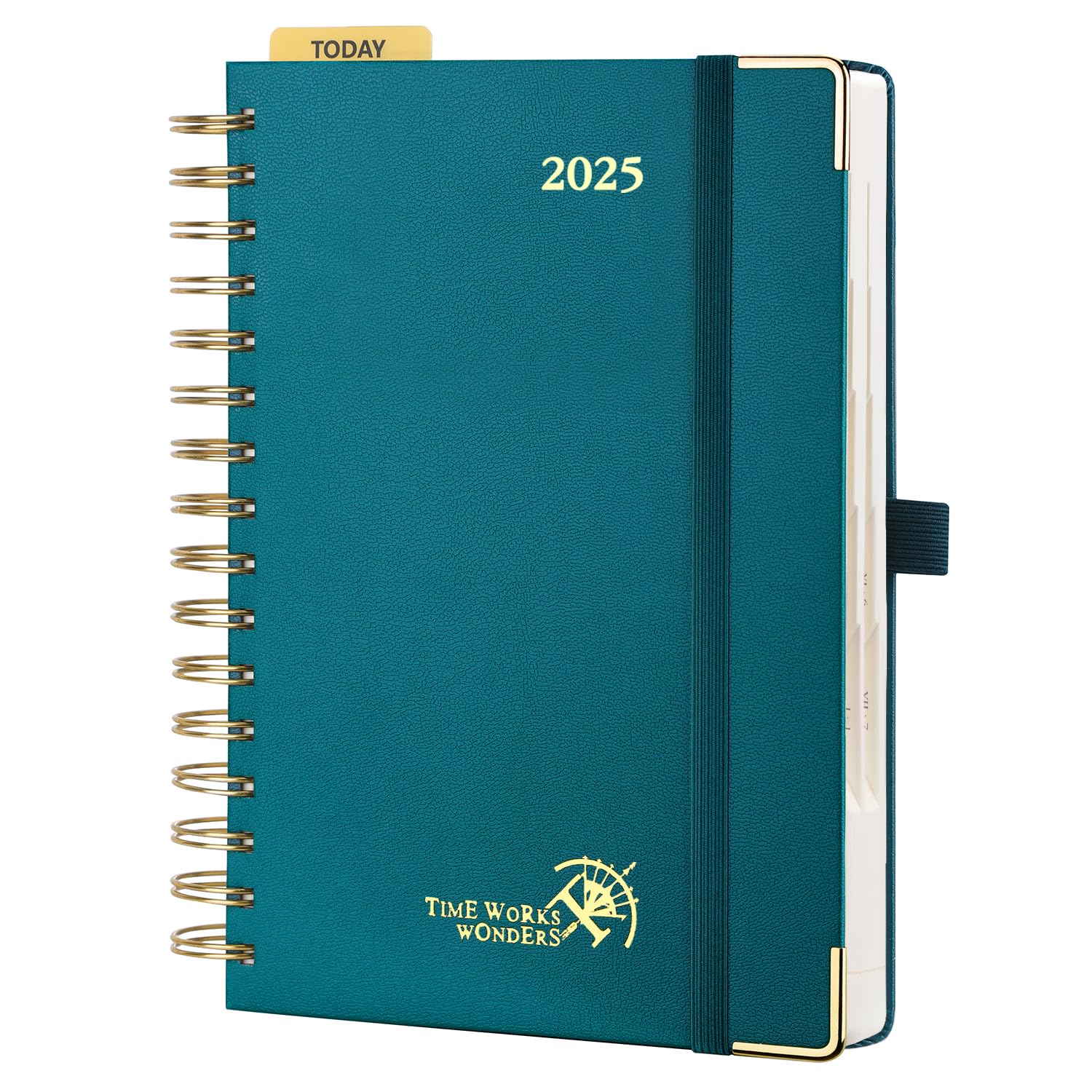 POPRUN Agenda 2025 Dia Por Pagina Espiral 21,5 x 14,5 cm, A5 Tapa Dura en Planificador diaria 12 Meses de Ene 2025 a Dic 2025, Una página al día, 80 GSM Papel, Verde Pacífico