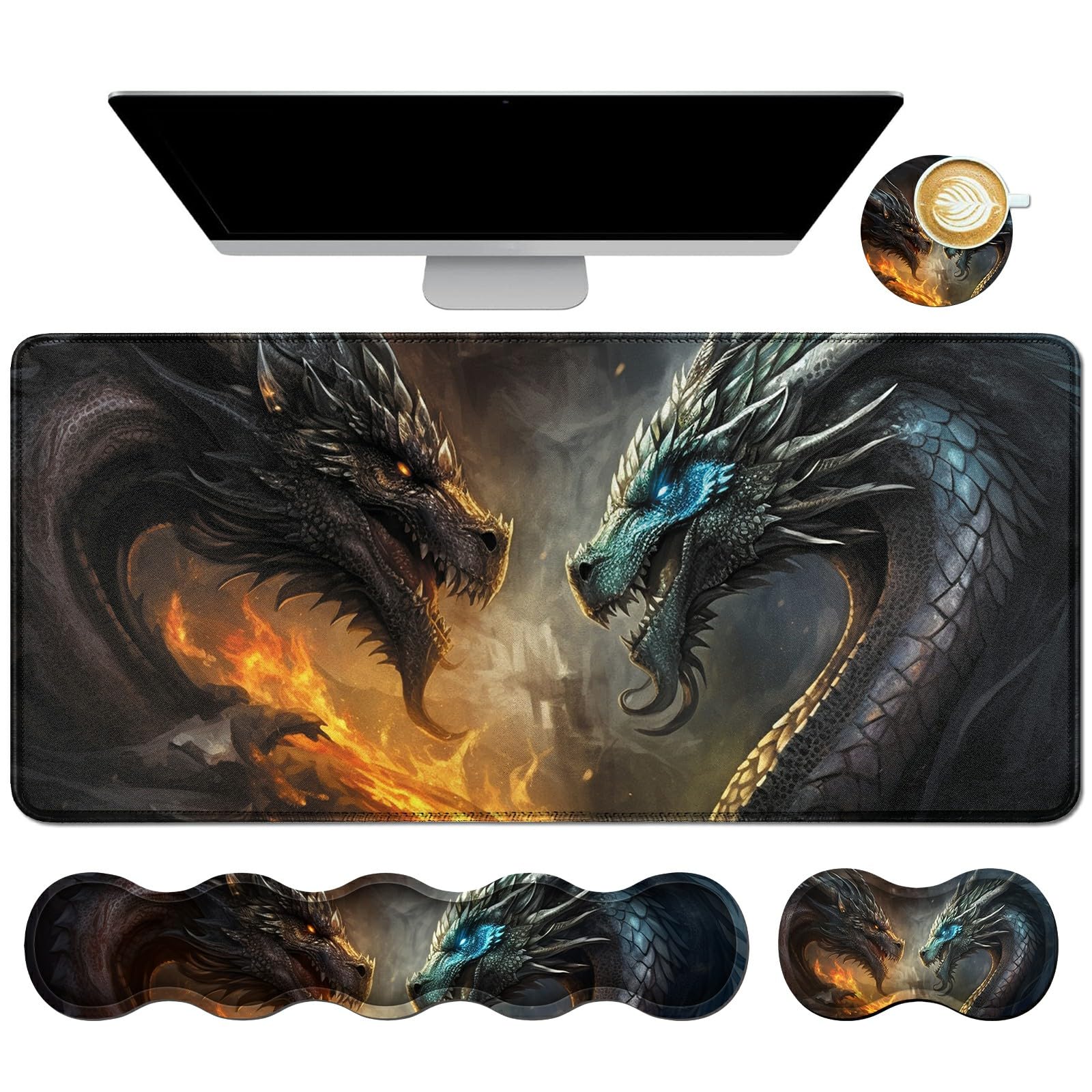 4Pcs Memory Foam Keyboard Mouse Wrist Rest Pad Gaming Desk Mat 31 5 11 8 with Stitched Edges