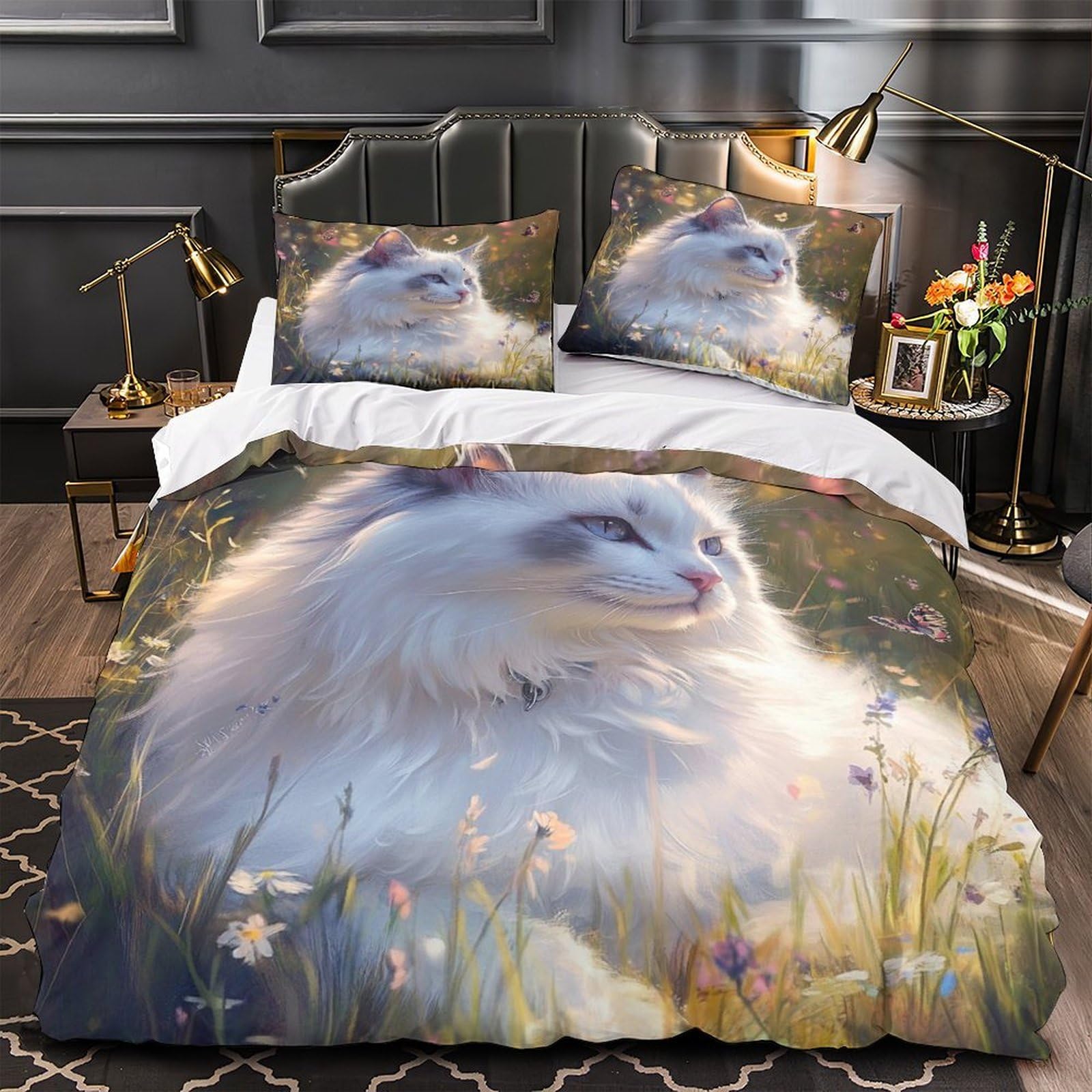 Housse de couette chat blanc au jardin pour créer une ambiance nature dans la chambre