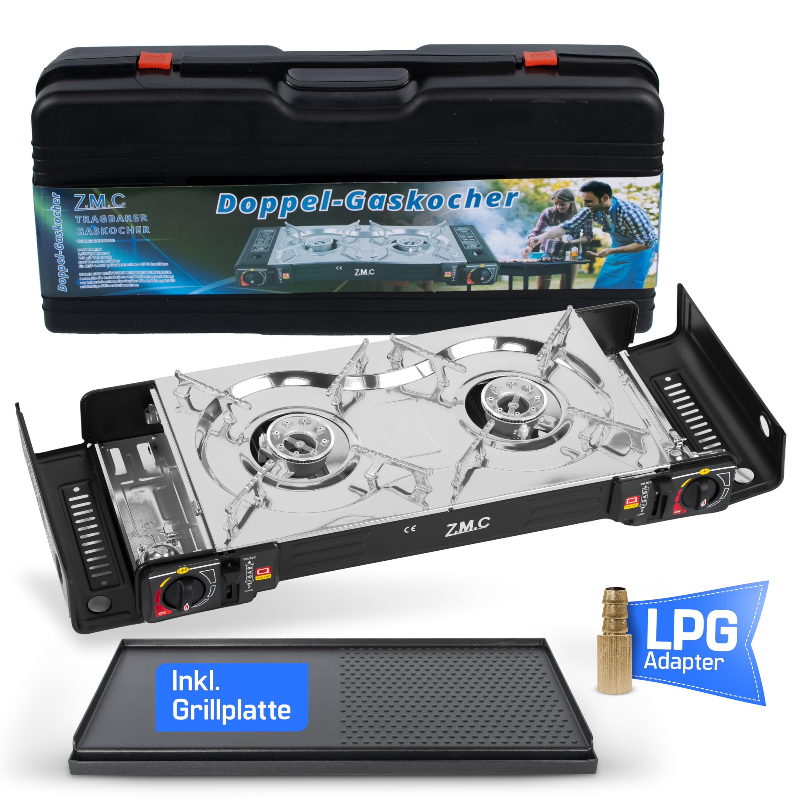Z.M.C ZMC - Fornello a gas da campeggio a 2 fuochi con adattatore per collegamento GPL + piano cottura 45 x 24 cm + 8 cartucce di gas da 227 g, fornello da campeggio con accensione piezoelettrica per