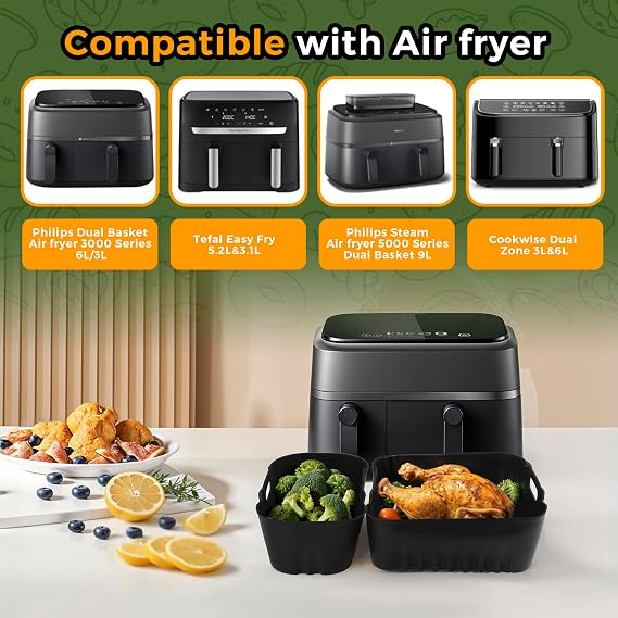Pietuley Pack of 2 Silicone Mould Hot Air Fryer Accessories for Philips Steam Dual Basket Airfryer 3000 Series 6L/3L Philips Airfryer Baking Mould Accessories for 3000-5000 Series 9L Air Fryer