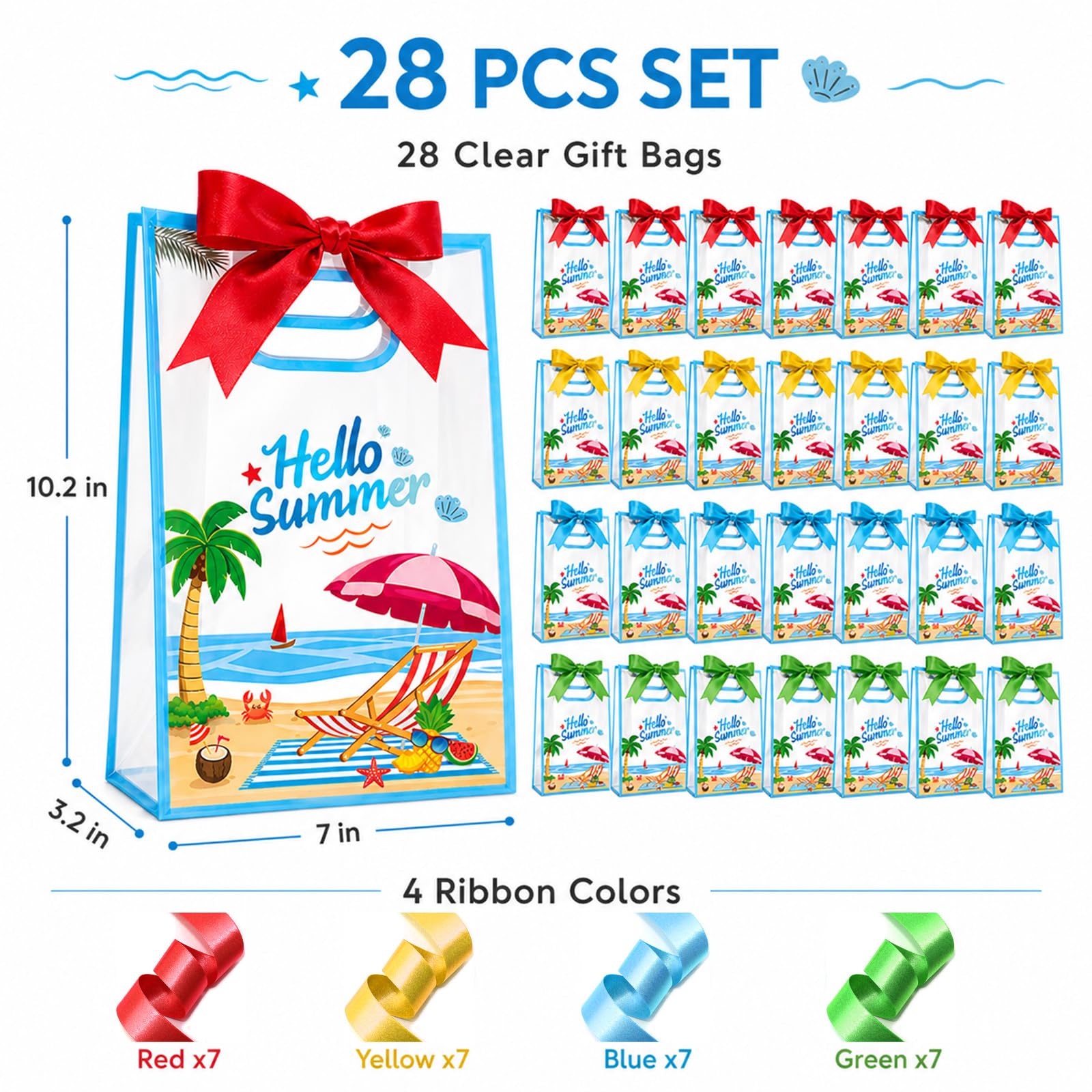 28Pcs Hello Summer Clear Gift Bags, Clear Beach Bag with Handles Ribbon Bows, Pool Party Favor Bag Hawaiian Goodie Candy Snack Treat Bag for End of School Year Summer Birthday Pool Beach Party Supply