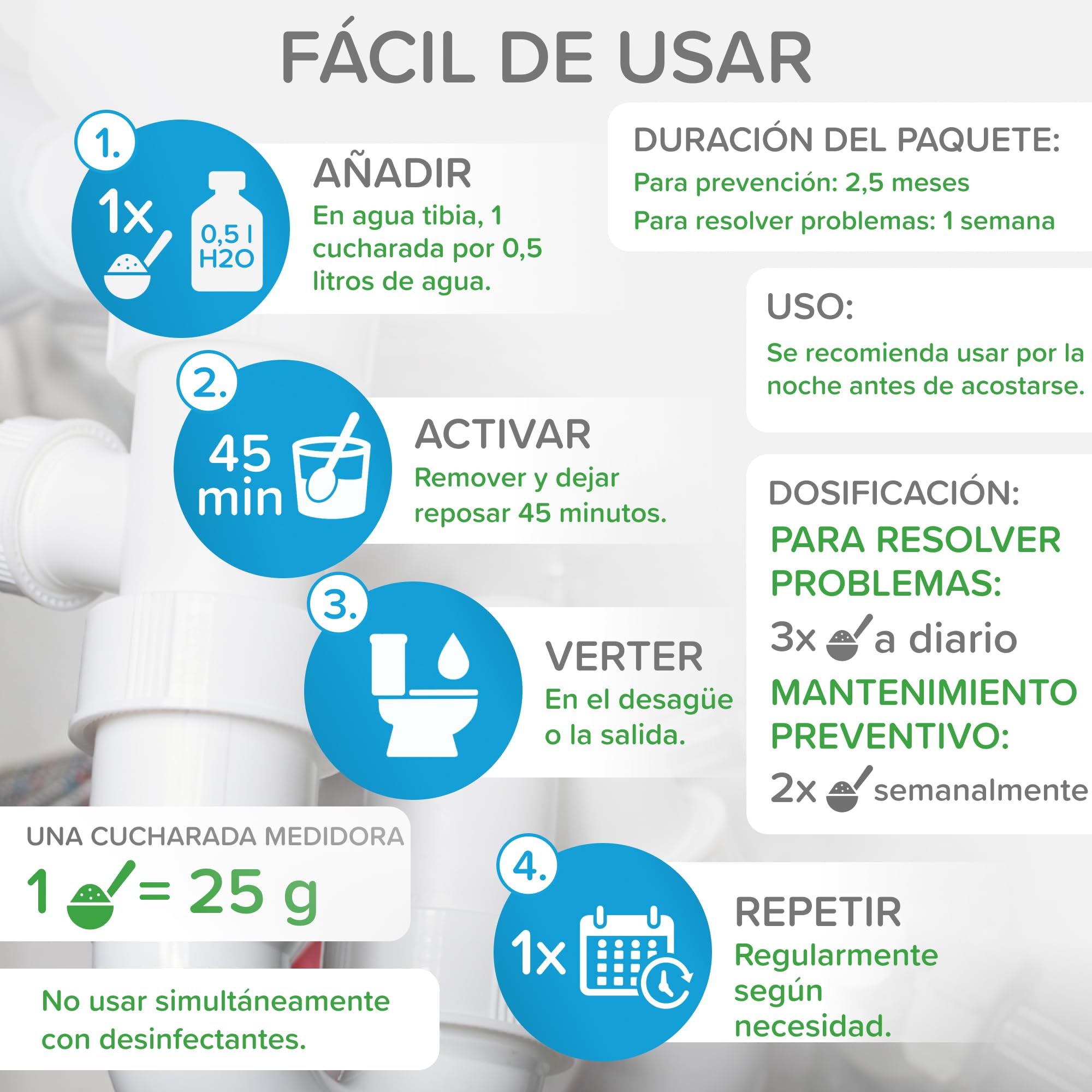 Mr. Bacteria No. 5. Limpiador de desagües y tuberías, para ducha, bañera, lavabo, sifón, sin cloro y sin olores, desatasca y Limpia Eficazmente Tuberías y Desagües Atascados 500g (1)