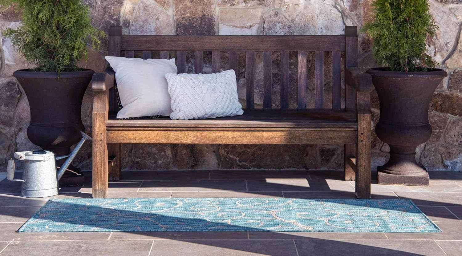 Light Aqua and Ivory Flat Woven Outdoor Runner Rug