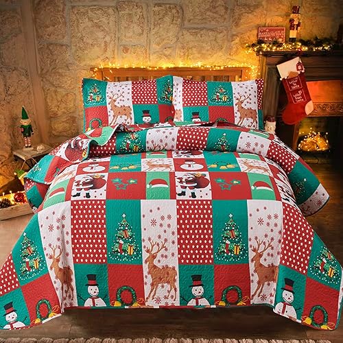 Christmas Bedding Set Twin Size Christmas Quilt Bedspread Rustic Plaid Patchwork Christmas Lodge Cabin Home Decor Quilt Holiday Xmas Bedding Lightweight Reversible Christmas Bedspread Coverlet