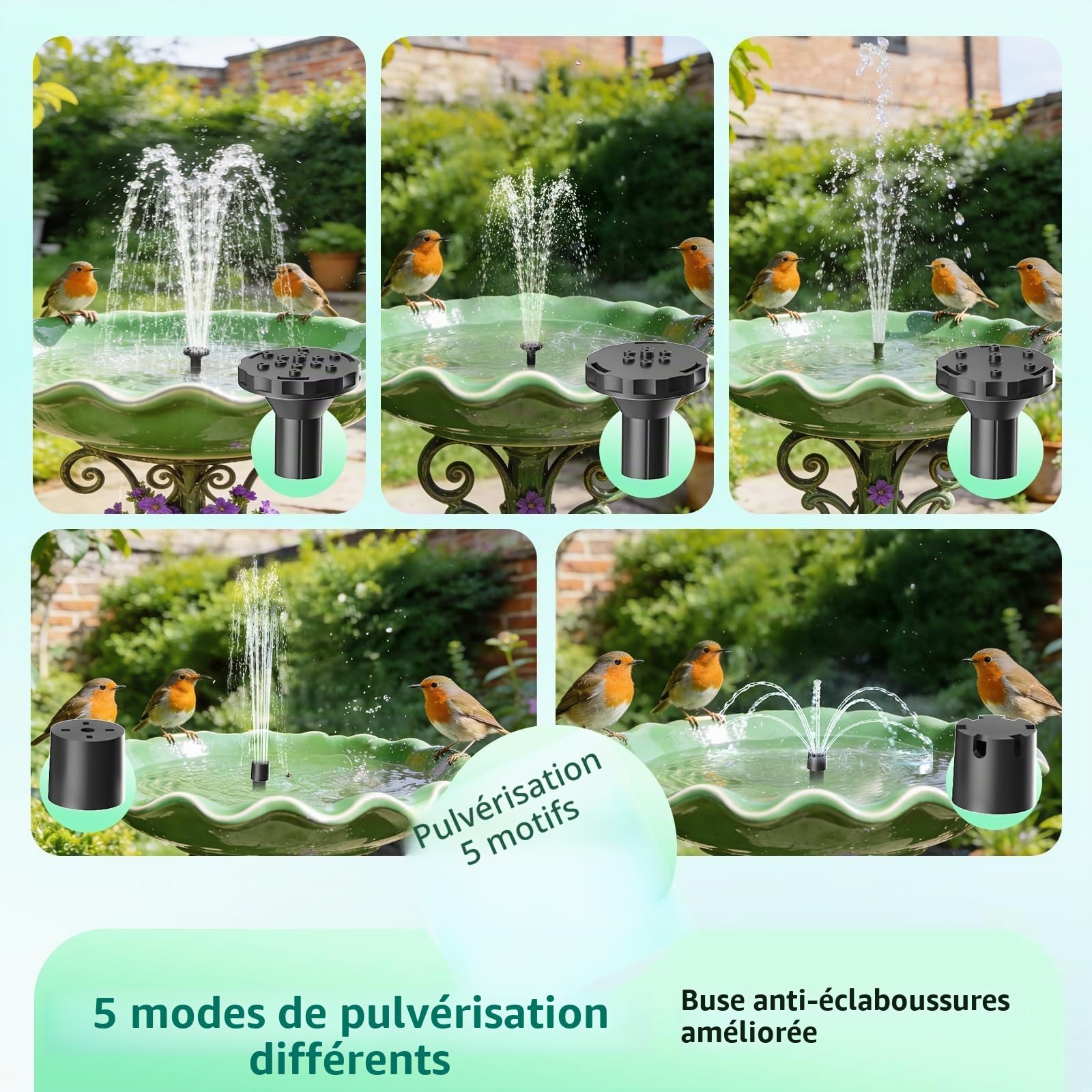 Pompe à Eau Solaire avec Batterie de Secours, 4 W, Batterie 2000 mAh intégrée, câble 3 m, 5 Modes de pulvérisation, Tube PVC 1,2 m, Fontaine Bassin, Bain d'oiseau, aménagement Aquatique Jardin