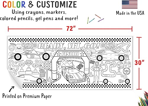 Miniatura 3 de Tiny Expressions Mantel para colorear de auto de carreras para niños, enrollado, sin arrugas, 30 x 72 pulgadas, póster grande para colorear para