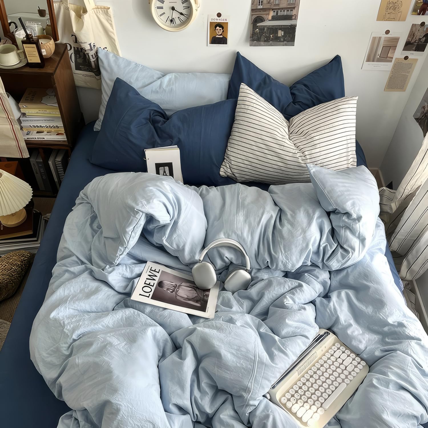 mixinni 100% Washed Cotton Duvet Cover Set Twin Size, Solid Light Blue Ocean Themed Chic Bedding, Soft Breathable Minimalist Comforter Cover with Zipper Closure &amp; Corner Ties-Twin Size