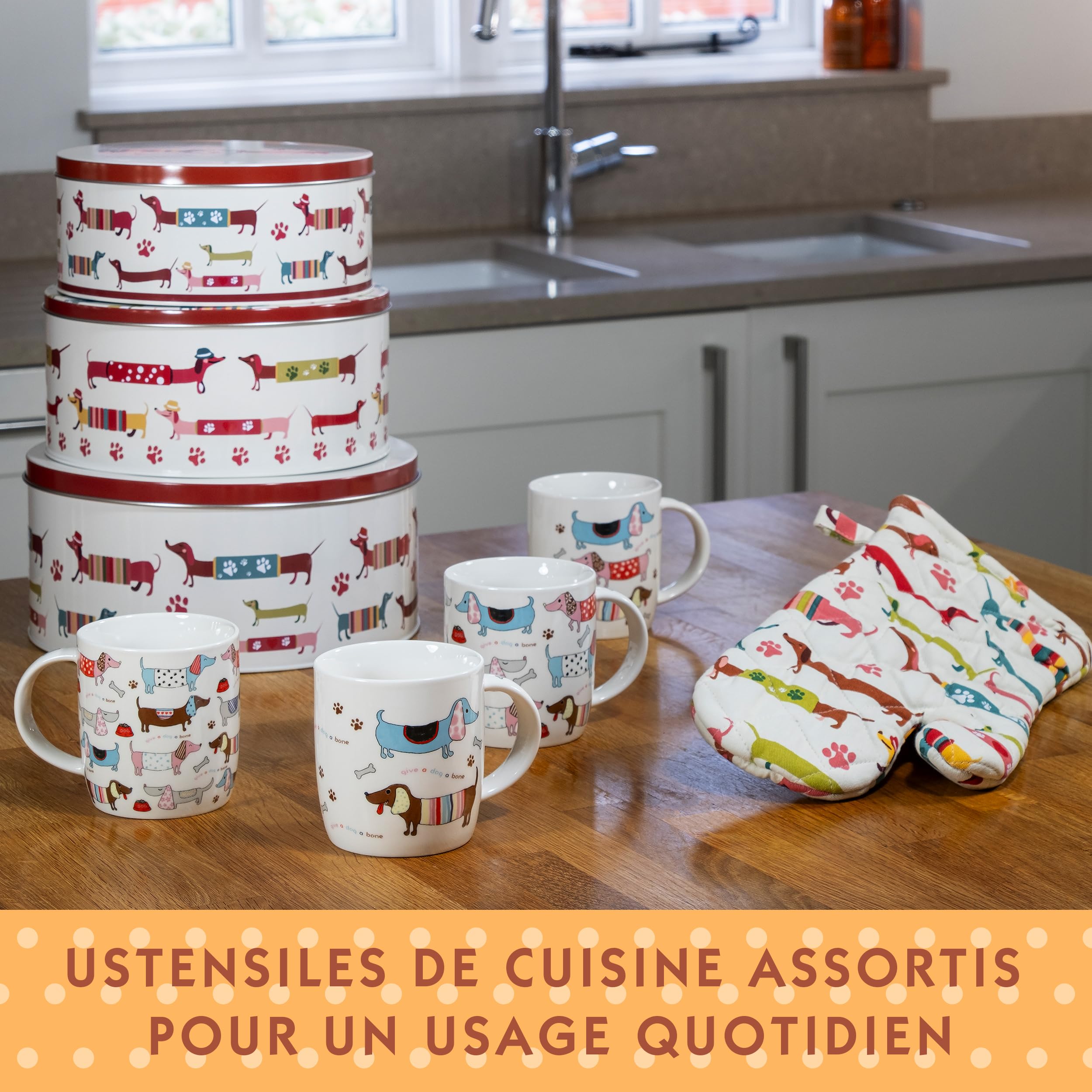 SPOTTED DOG GIFT COMPANY Metalen Koektrommel Set van 3 met Schattige Hondenmotief, Stapelbare Ronde Koekjesblikken voor het Bewaren van Koekjes en Gebak - 25×11, 22×10, 20×9 cm