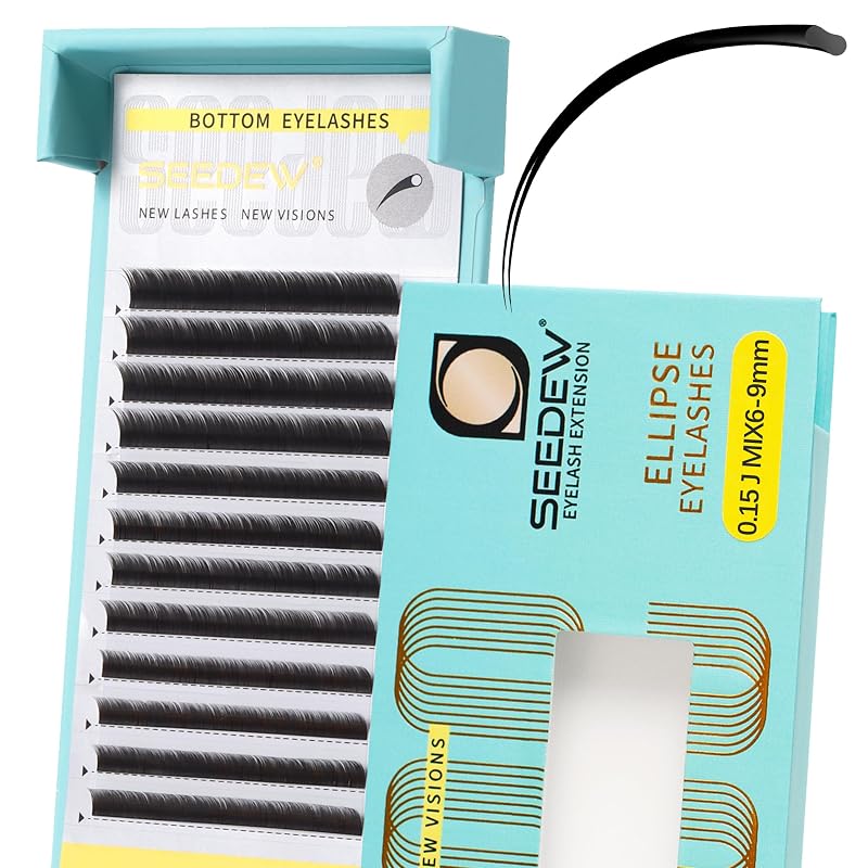 Extensões de Cílios Individuais Inferiores Seedew Ellipse Flat Bottom, Curvatura J, 0,15 mm, MIX 6–9 mm, 12 Fileiras – Pretos