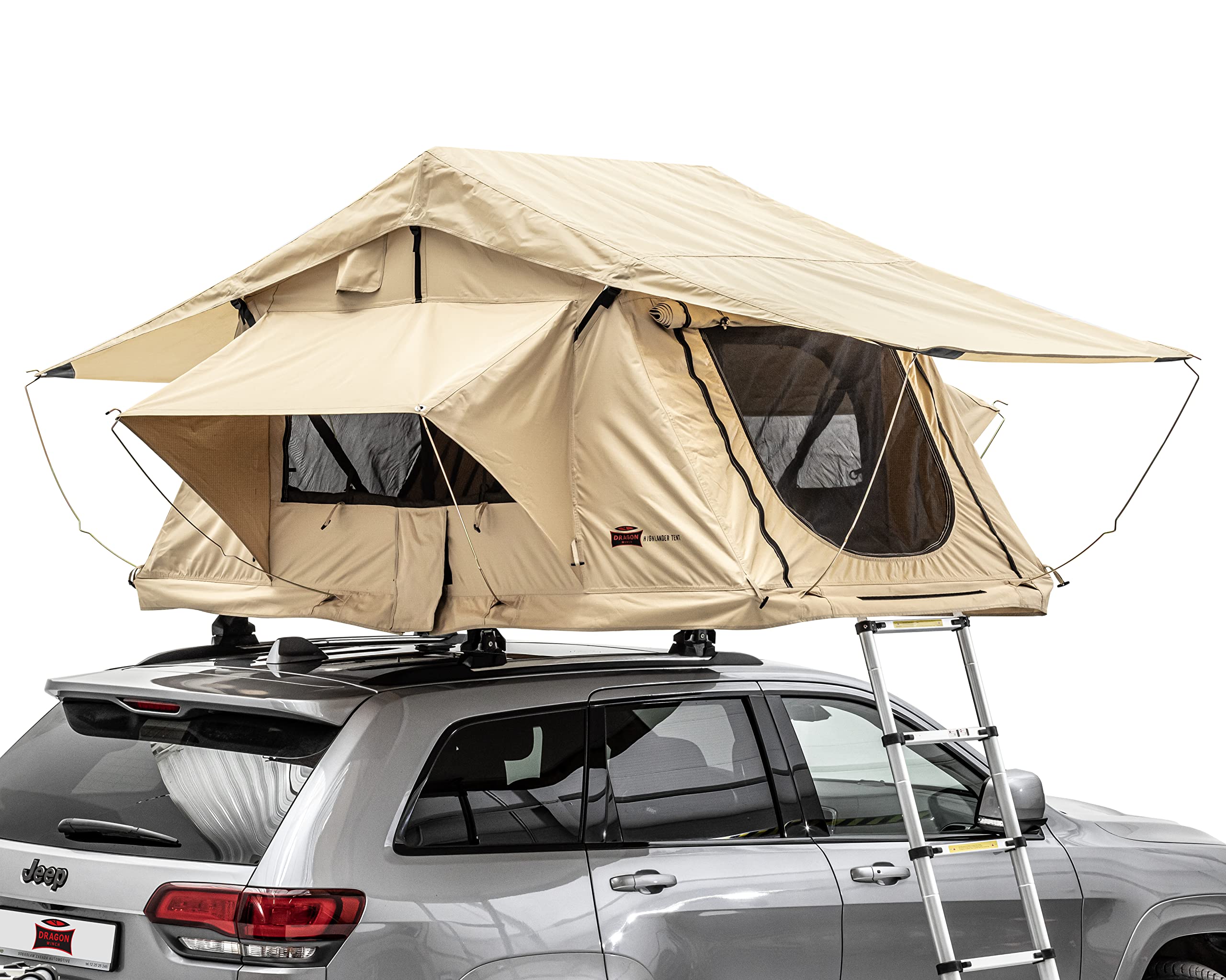 Dragon Winch Zelt Dachzelt Auto für 2 Personen inklusive Matratze, Teleskopleiter, Zubehörtaschen und Moskitonetze. Komfortables und mobiles Camping Zelt | Wasserdicht | Ideal für Auto-Camping