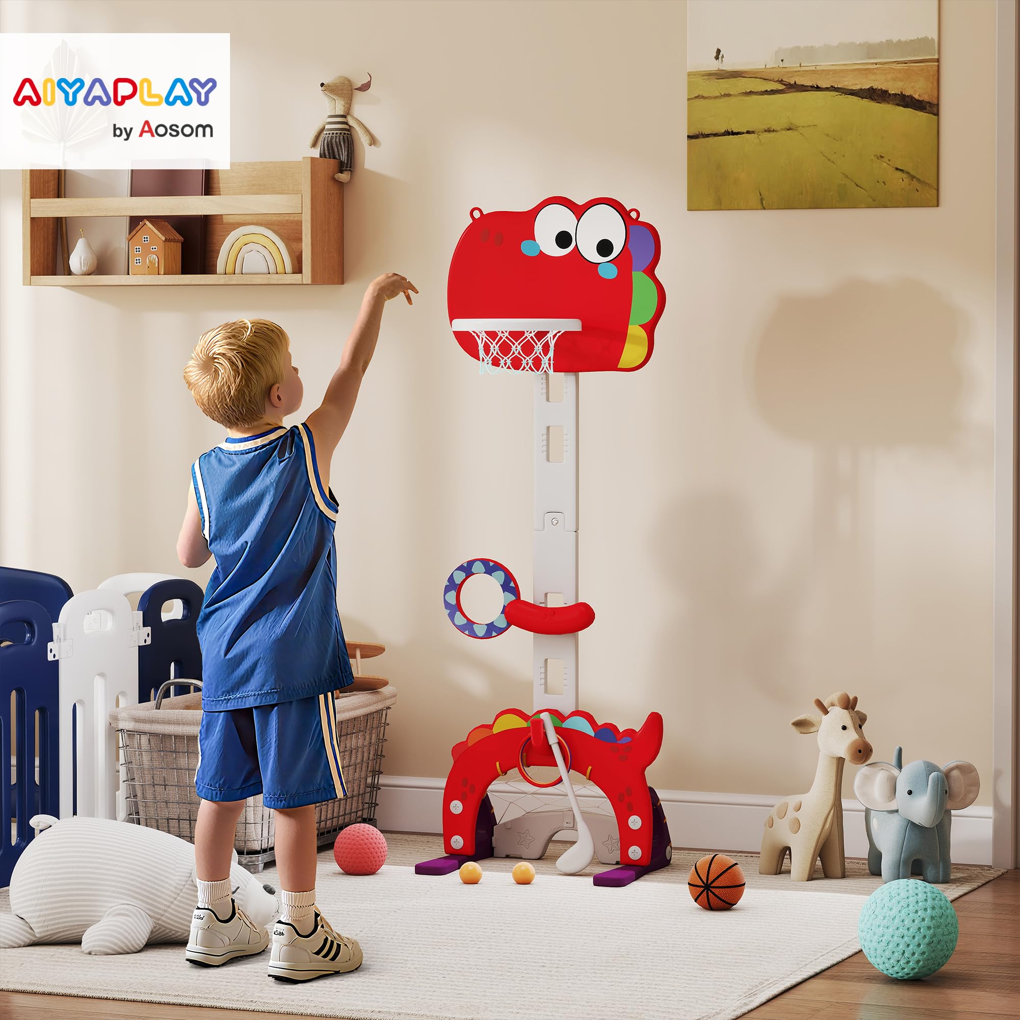 AIYAPLAY Panier de Basket-Ball pour Enfants Hauteur Réglable 3-6 Ans Rouge