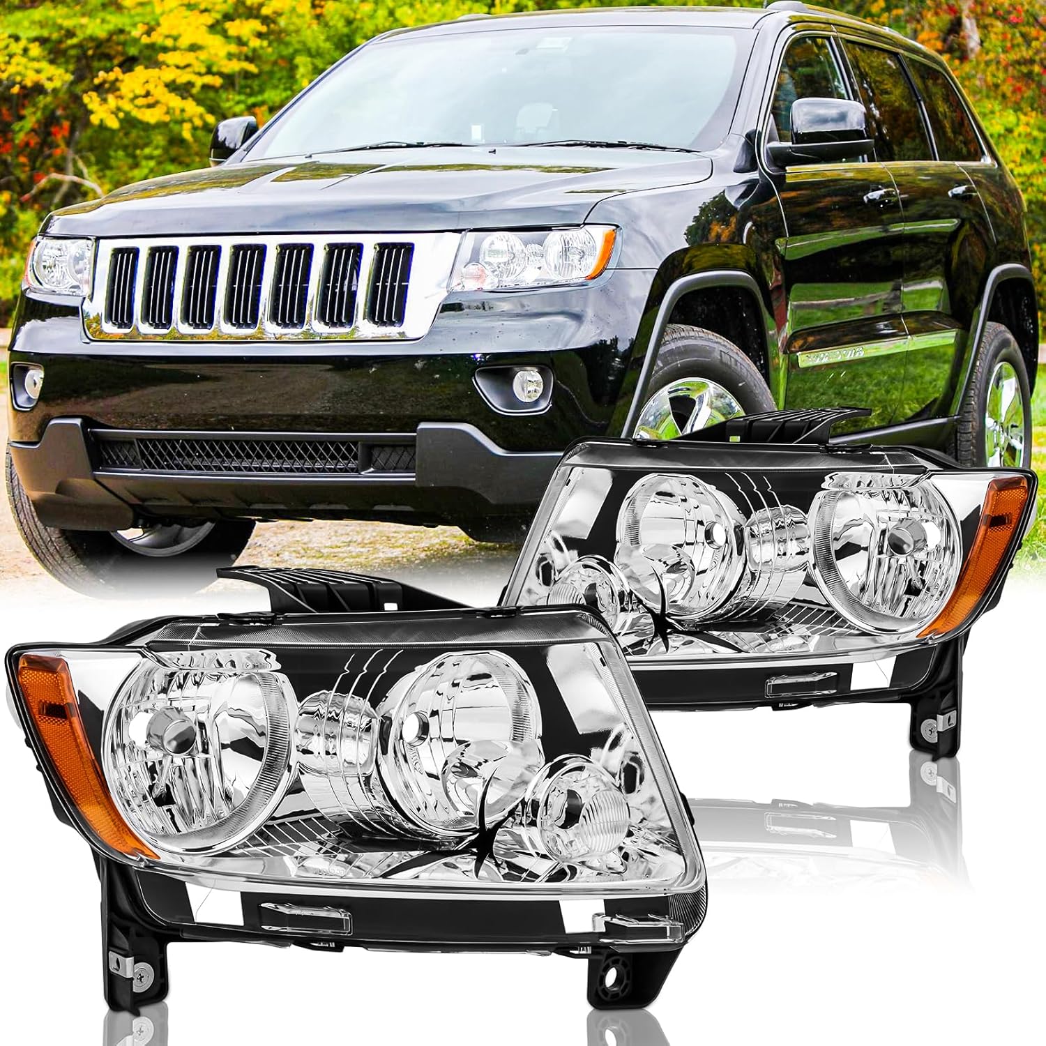 Headlights Assembly Pair for 2011 2012 2013 Jeep Grand Cherokee & 2011-2017 Jeep Compass Halogen Headlamps Head Lights Replacement Left Driver and Right Passenger Side,Chrome Housing Amber Reflector