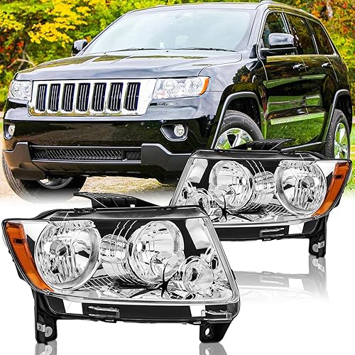 Headlights Assembly Pair for 2011 2012 2013 Jeep Grand Cherokee & 2011-2017 Jeep Compass Halogen Headlamps Head Lights Replacement Left Driver and Right Passenger Side,Chrome Housing Amber Reflector