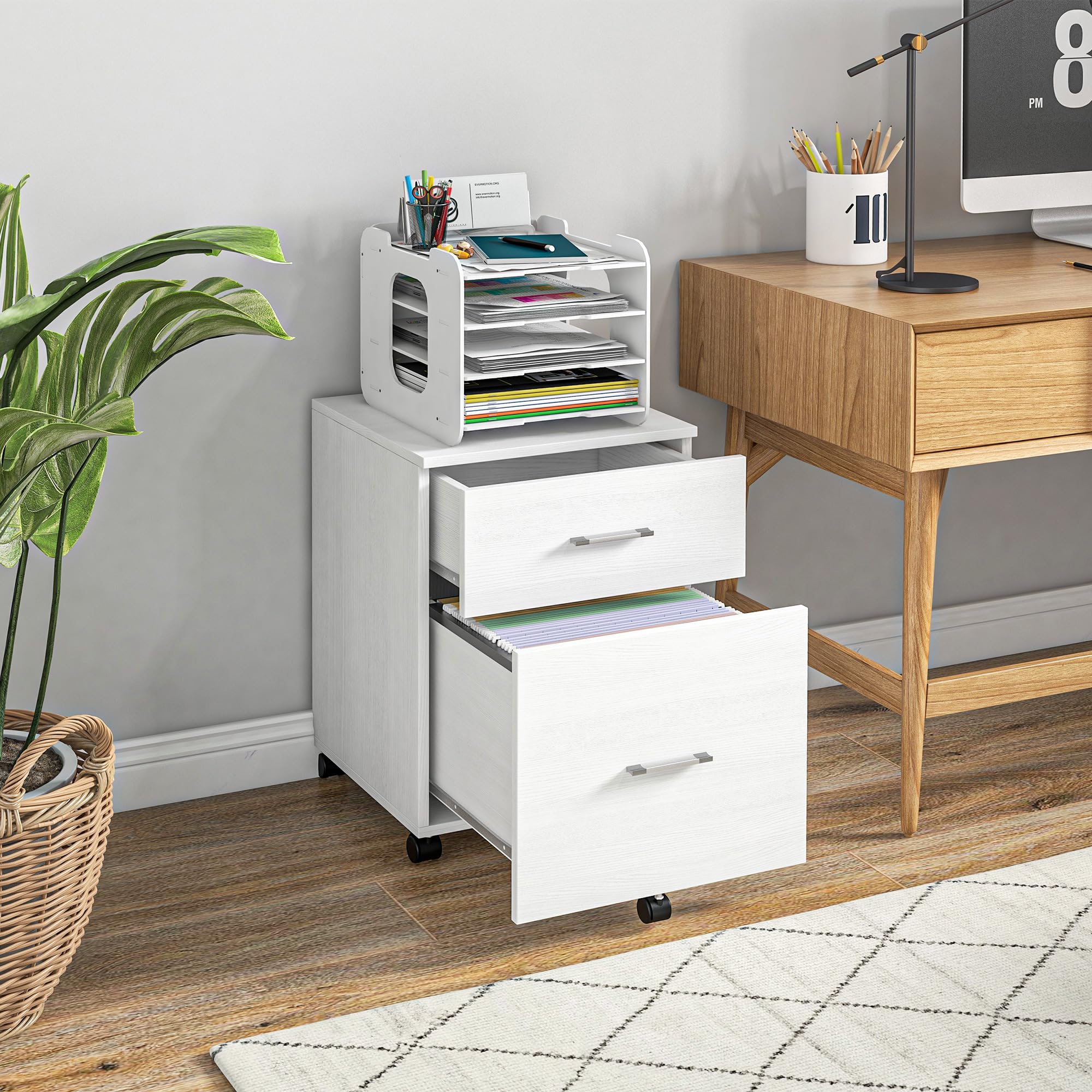 Vinsetto Archivio verticale con ruote, archivio mobile, Bianco | 2 cassetti, piccolo armadio da ufficio, per file Letter o A4, studio home office