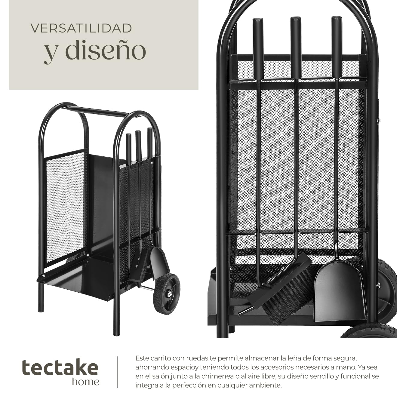 tectake® Leñero Exterior e Interior, Carro con Ruedas, Estructura de Acero Perforado, Almacenamiento Exterior Práctico, con Herramientas Chimenea, Carretilla, Leña para Chimenea - 42,5 x 38 x 80,5 cm