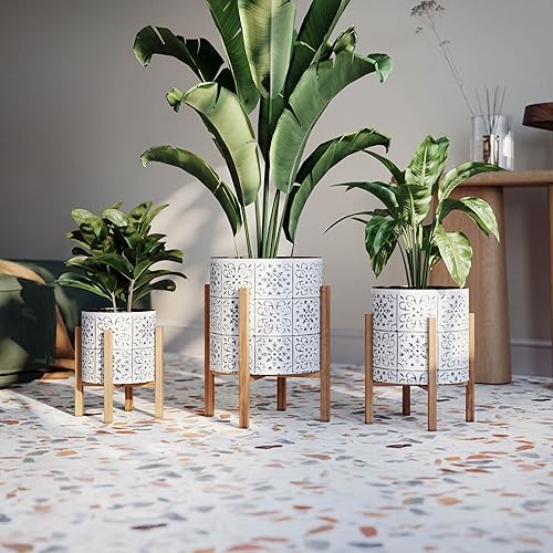 Miniatura 2 de Tristan Maceta bohemia blanca y negra con soporte Kinsley, macetas decorativas SelectBase, macetas contemporáneas, eclécticas estilo bohemio para