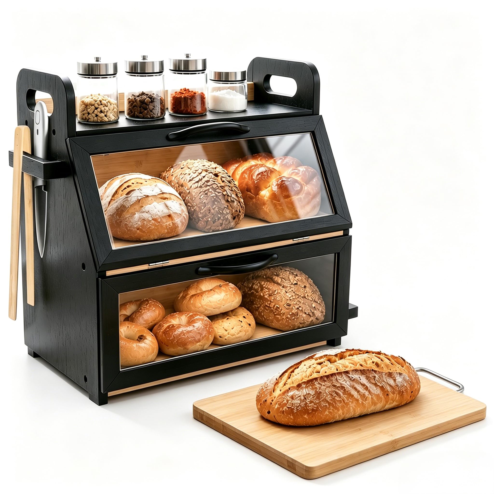 Bambus Brotkasten 2 Etagen Brotbehälter mit Brotschneidebrett und Brotzange, lebensmittelecht Brotaufbewahrung, Holz Brotbehälter für selbstgemachtes Brot, 40 x 26 x 37 cm, Schwarz