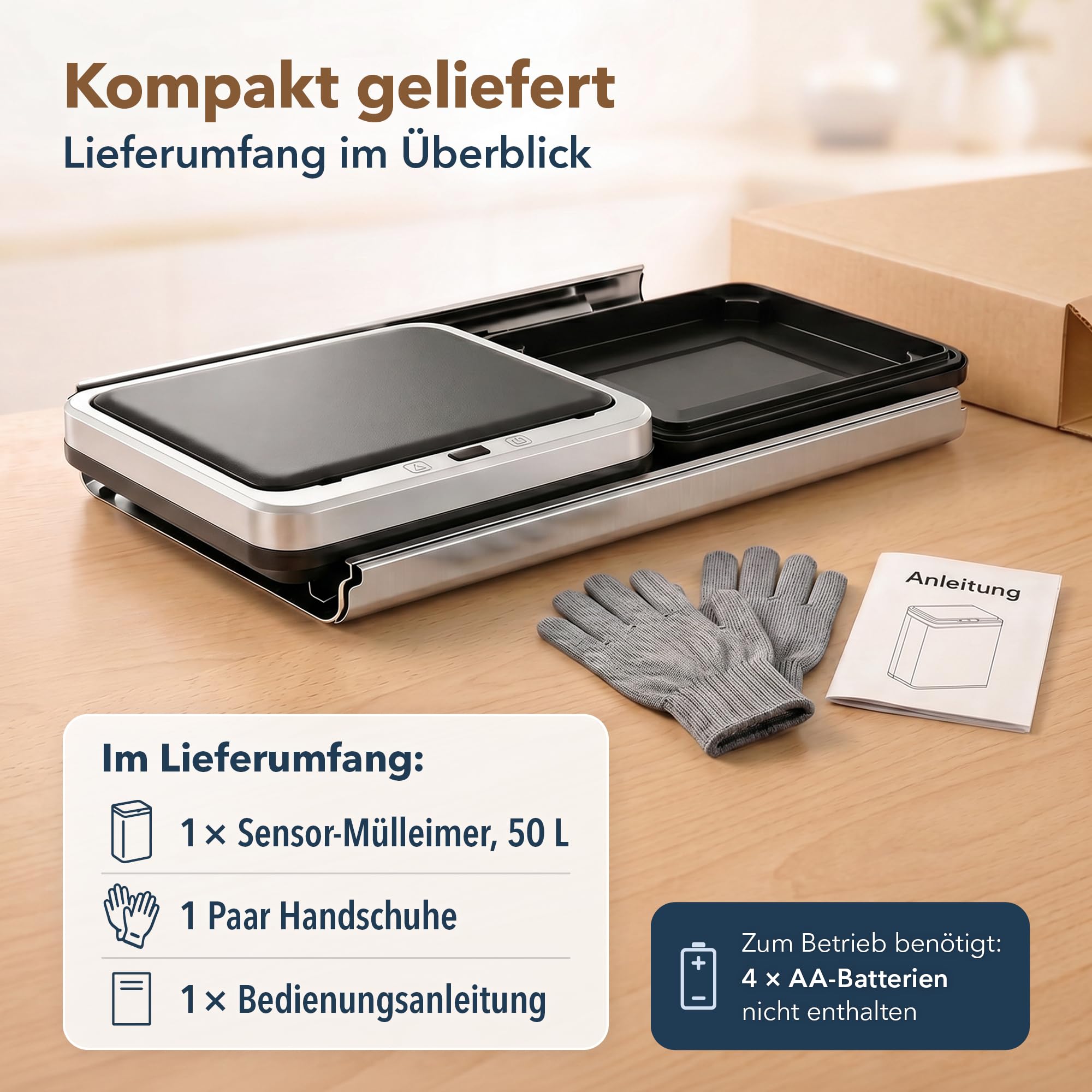 ledscom.de 2x SORTA Sensor Mülleimer 50L, Edelstahl Abfalleimer | automatischer Bewegungssensor, Touch-Bedienung, Soft-Close, 4x AA Batterie, 35,5 x 26 x 67 cm, Silber/Schwarz