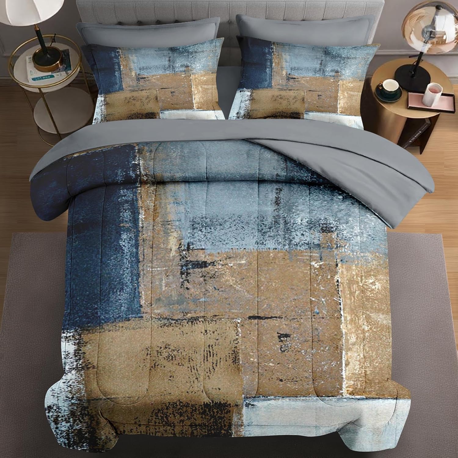 7 Pcs Queen Size Comforter Set with 2 Pillowcases & 2 Shams, Grey Brown Painting Bedding for Kids and Adults, Beige Contemporary Bed in a Bag with Flat Fitted Sheet Queen Blue Brown