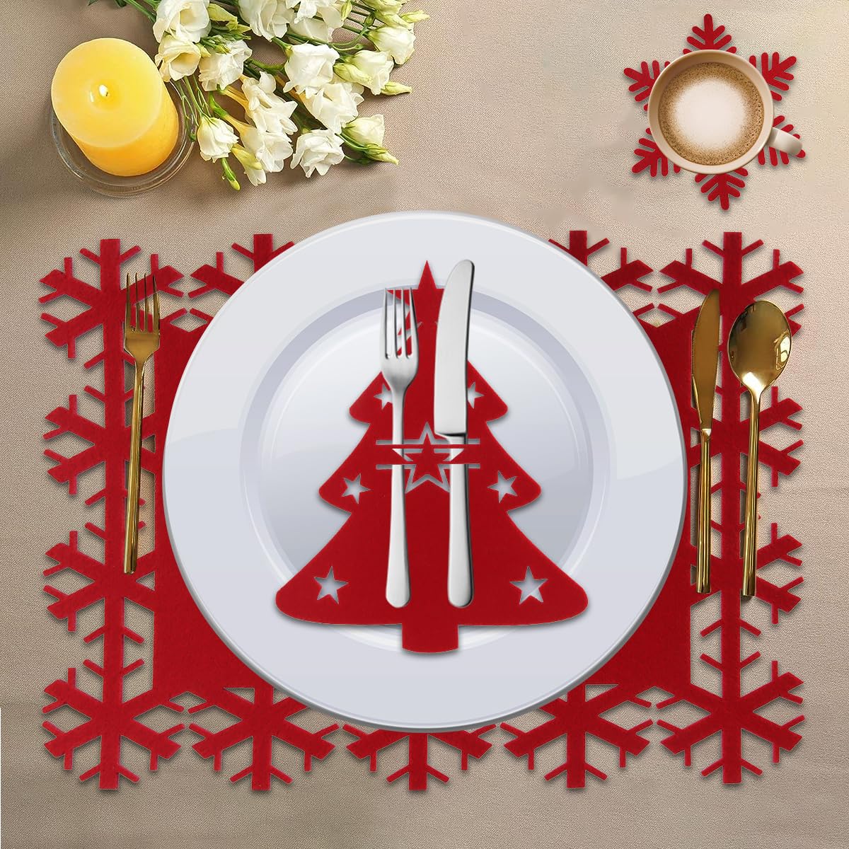 WDJLNZB 18 pezzi Set di tovagliette natalizie rosse, portaposate ad albero di Natale, set di tovagliette in feltro premium, sottobicchieri a fiocco di neve, decorazione da tavola natalizia
