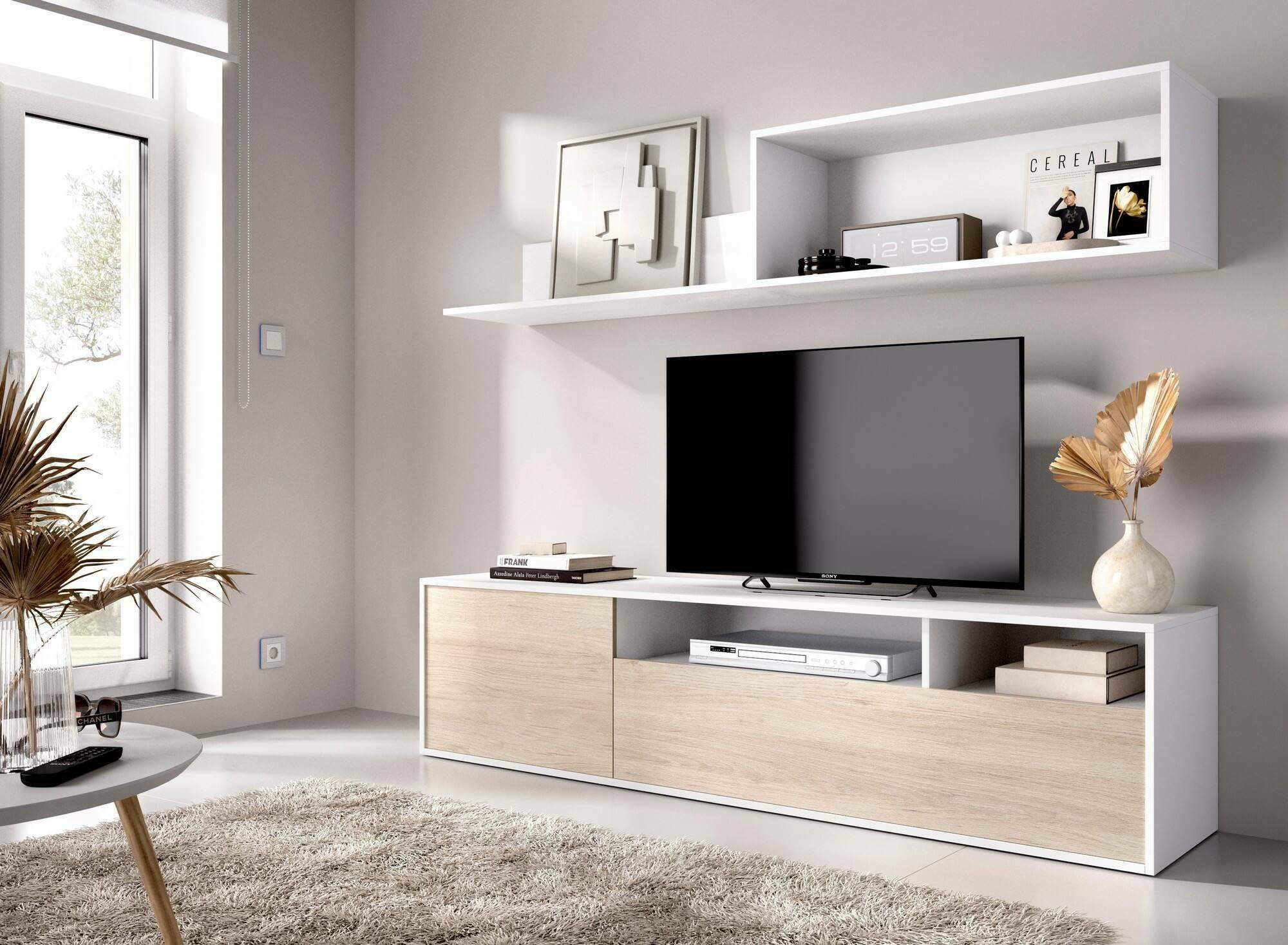 Dmora - Parete attrezzata Gabberi, Composizione soggiorno, Mobile salotto multiuso, Armadio porta TV, 180x35 h44 cm, Bianco e Rovere